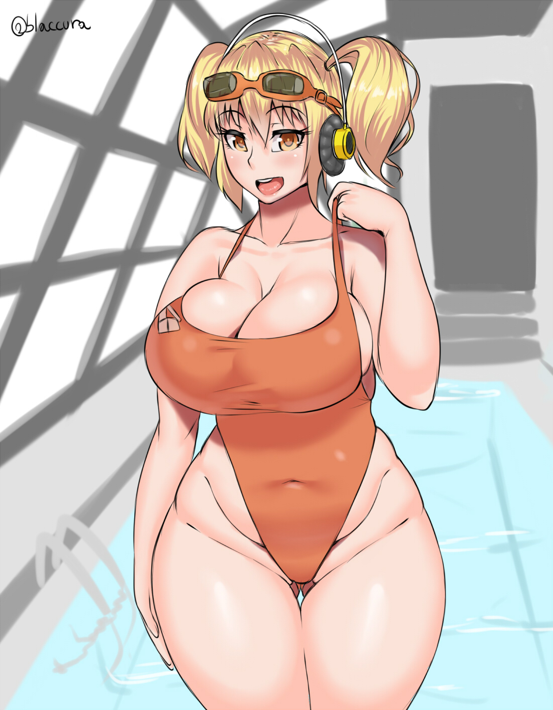 1girls, bimbo, blonde hair, breasts, burakku-ra, busty, cleavage, curvy, female, goggles, headphones, hourglass figure, large breasts, navel, nitroplus, plump, pool, smile, solo, standing, super pochaco, swimsuit, thigh gap, tied hair, twintails, voluptuous