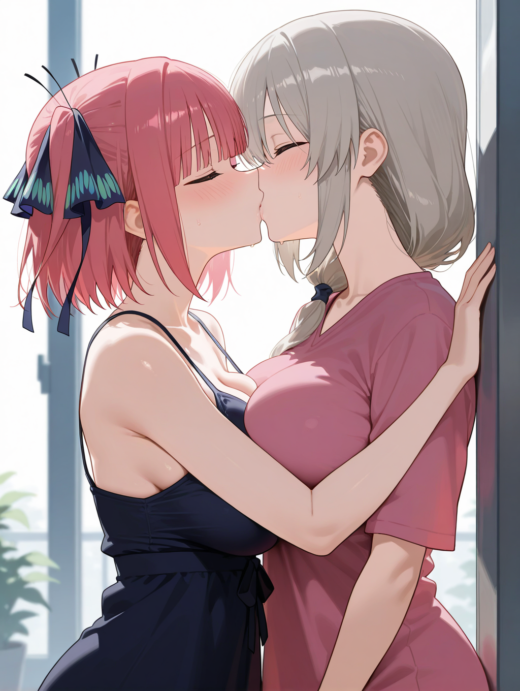 against_wall age_difference ai_generated bare_arms bare_shoulders big_breasts black_dress blush breast_press breasts cleavage closed_eyes collarbone crossover go-toubun_no_hanayome gotsuura grey_hair hair_ribbon kissing lesbian_kiss long_hair mature_female milf nakano_nino older_woman_and_younger_girl pink_shirt red_hair short_hair short_sleeves sleeveless_dress uzaki-chan_wa_asobitai! uzaki_tsuki yuri