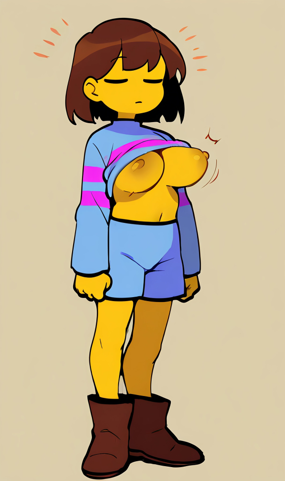 aged_up ai_generated beige_background blank_expression blue_shirt blue_shorts bob_cut boots brown_boots brown_hair clenched_hands closed_eyes exposed_breasts frisk frisk_(undertale) large_breasts long_sleeves motion_lines neutral_expression no_bra pixai shirt shirt_lift shorts shoulder_length_hair simple_background slim striped_shirt tall_female undertale undertale_(series) yellow_skin