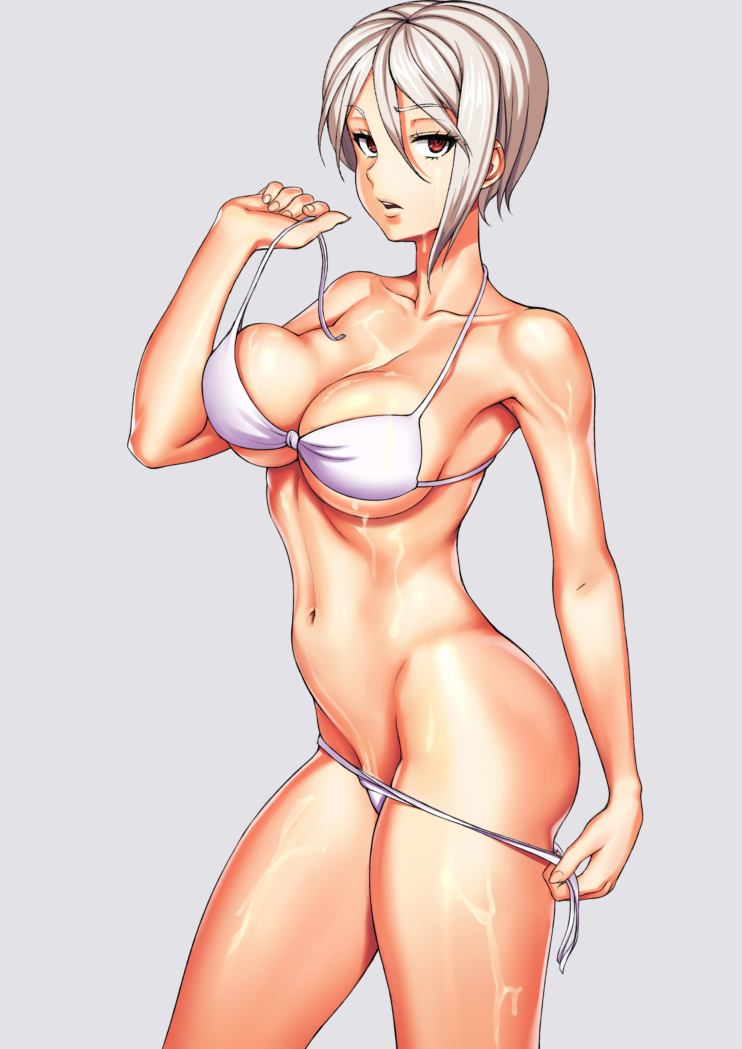 1girls, absurdres, bikini, breasts, cleavage, female, legendarysoulii, looking at viewer, nakiri alice, navel, open mouth, red eyes, shokugeki no souma, short hair, silver hair, solo, undressing, wet, white bikini, white hair, white-haired female