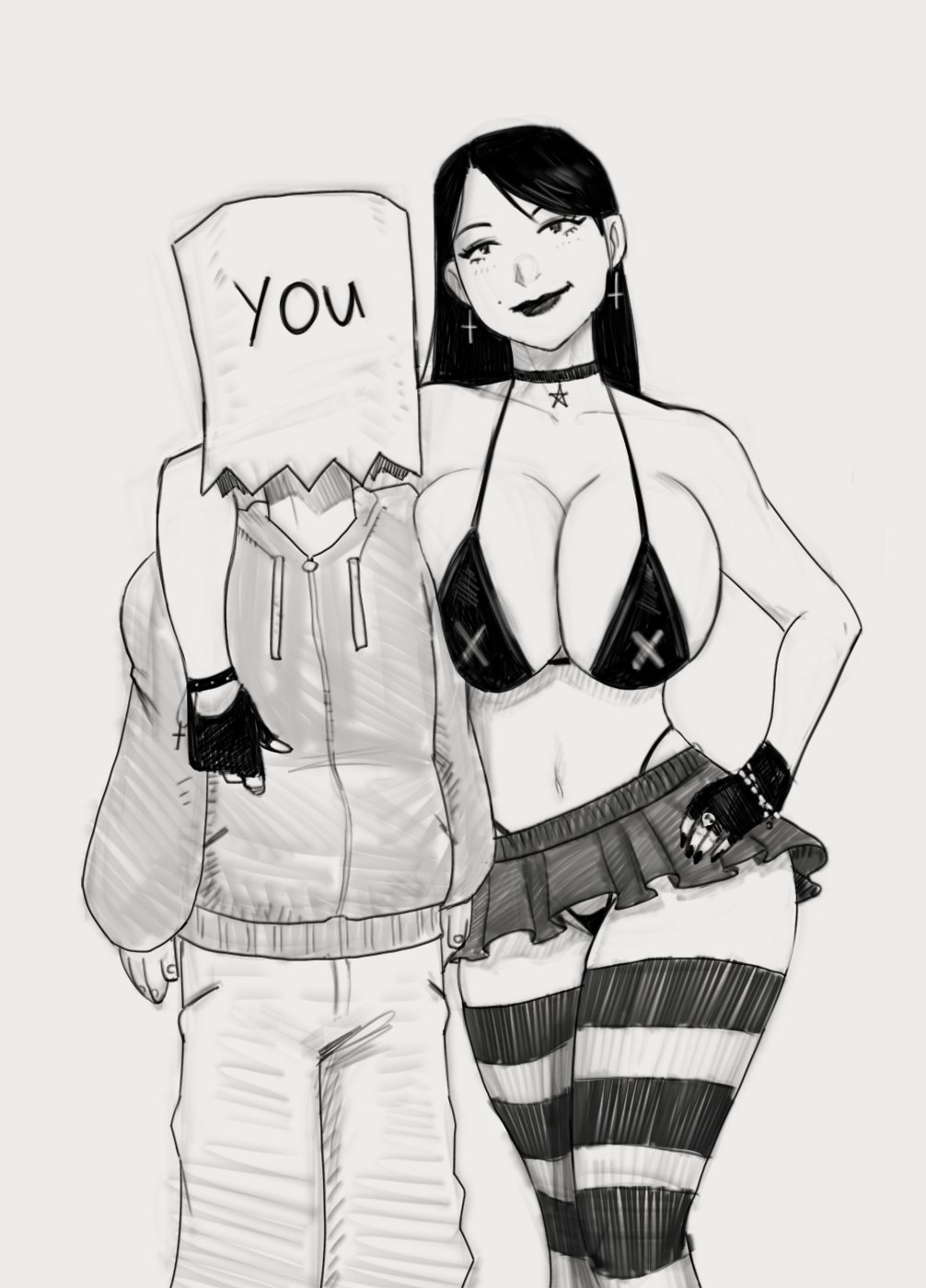 1boy 1girls 2d anon bikini_top busty devil_hs faceless_male female goth goth_girl hourglass_figure male stripes_(devil_hs) tagme wide_hips you