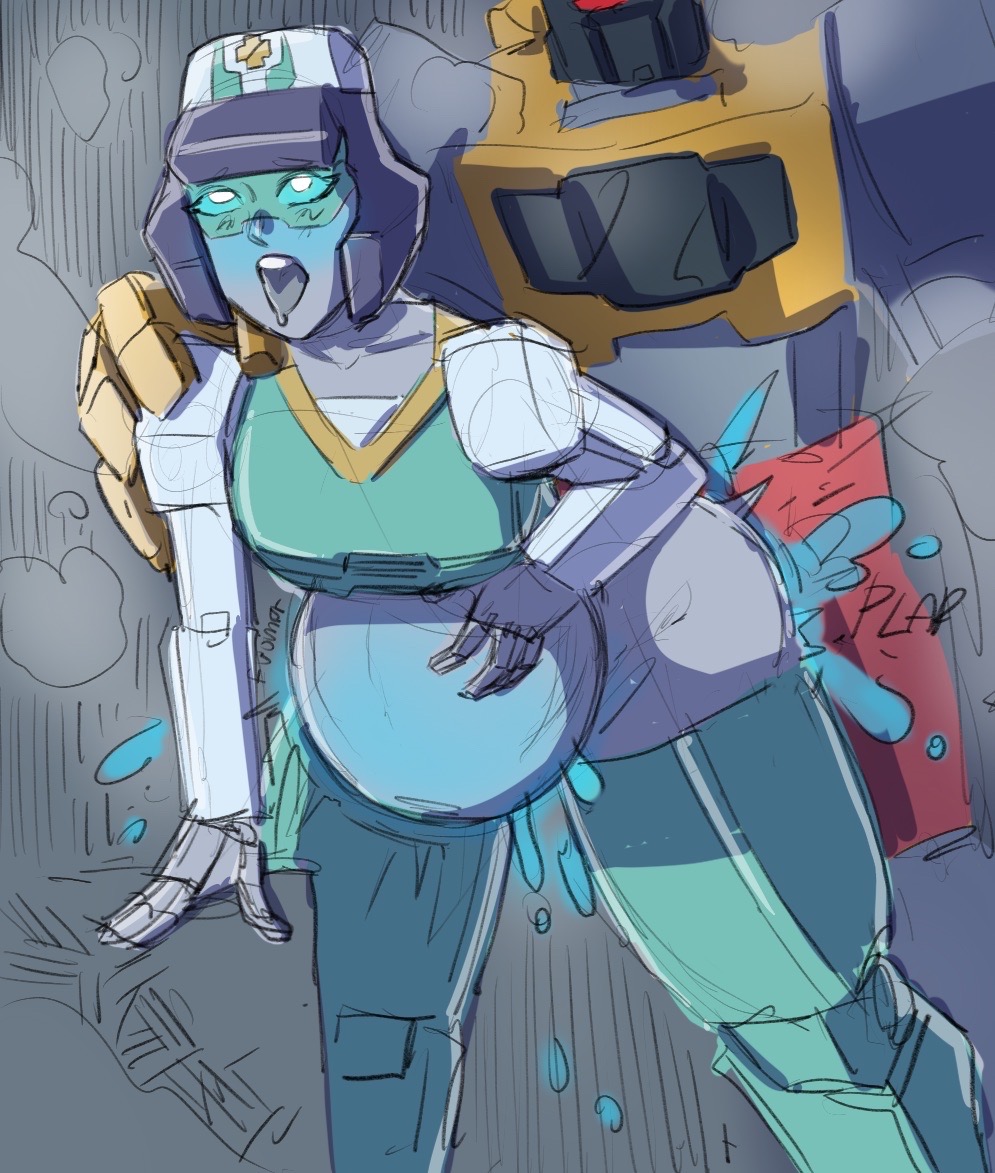 1boy 1girls ambiguous_penetration belly belly_bulge cum cum_inside donut_doodles from_behind from_behind_position green_eyes grimlock_(transformers) june_darby robot robot_girl robot_humanoid tongue tongue_out transformers