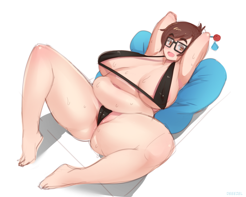 1girls 2d armpits arms_up barefoot belly big_breasts bikini blizzard_entertainment breasts chubby chubby_female curvy deeezel feet female fisticuffs_club glasses looking_at_viewer lying mei-ling_zhou mei_(overwatch) overwatch patrick_hateman solo spread_legs sweat swimsuit thick_thighs toes