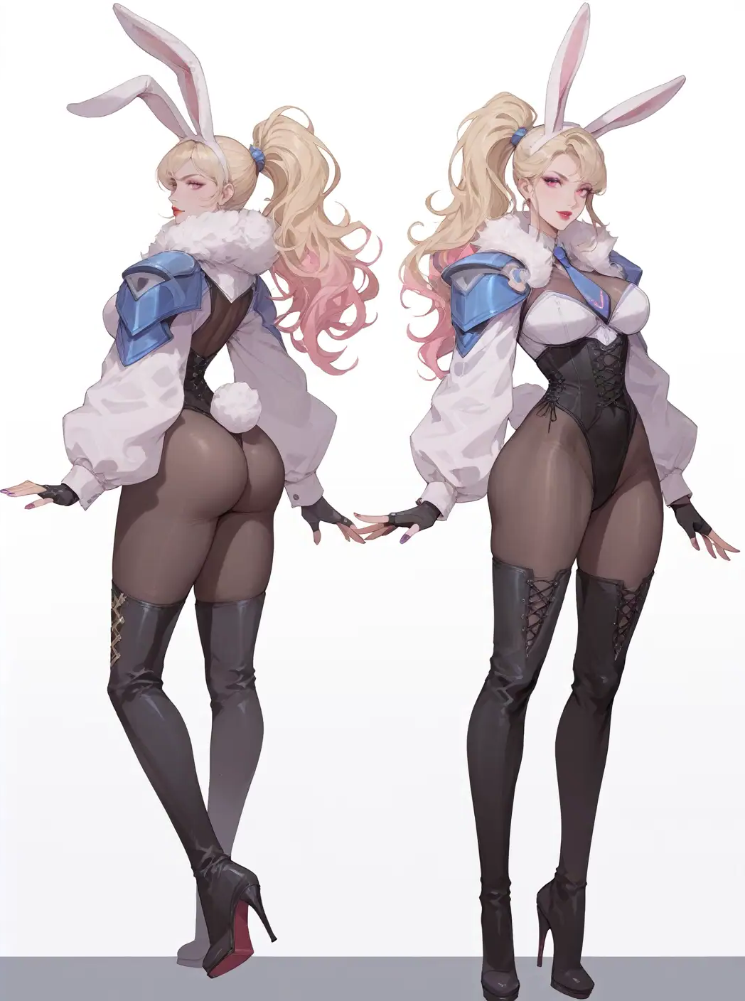 1girls, ai generated, blonde hair, bunny ears, female, full body, high heel boots, high heels, league of legends, miss fortune, nail polish, pantyhose, purple nails, shu