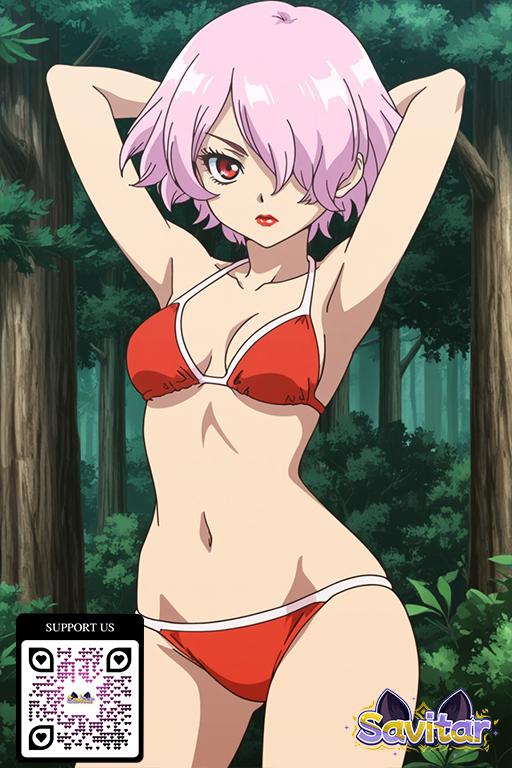 ai_generated armpit_pose armpits arms_behind_head arms_up bangs bikini breasts cleavage clothing contrapposto copyright_name cowboy_shot female female forest groin hair_over_one_eye lips lipstick littlehentai logo looking_at_viewer luna_wright makeup medium_breasts nature navel outdoors parted_lips pink_hair red_bikini red_eyes red_lips red_swimsuit savitar savitar_(artist) short_hair small_breasts smooth_armpits solo standing swimsuit tree watermark