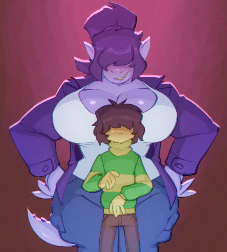 1boy1girl anthro bigdad boobs_bigger_than_head breasts breasts breasts_bigger_than_head brown_hair cleavage clueless deltarune female female_anthro green_sweater hair_over_eyes hands_on_hips height_difference hidden_eyes high_resolution horny horny_female hourglass_figure huge_breasts human imminent_sex kris_(deltarune) looking_at_partner male male_human purple_body purple_hair purple_jacket scalie scalie_humanoid size_difference smaller_male snout susie_(deltarune) tagme taller_female thick_thighs turtleneck undertale_(series)