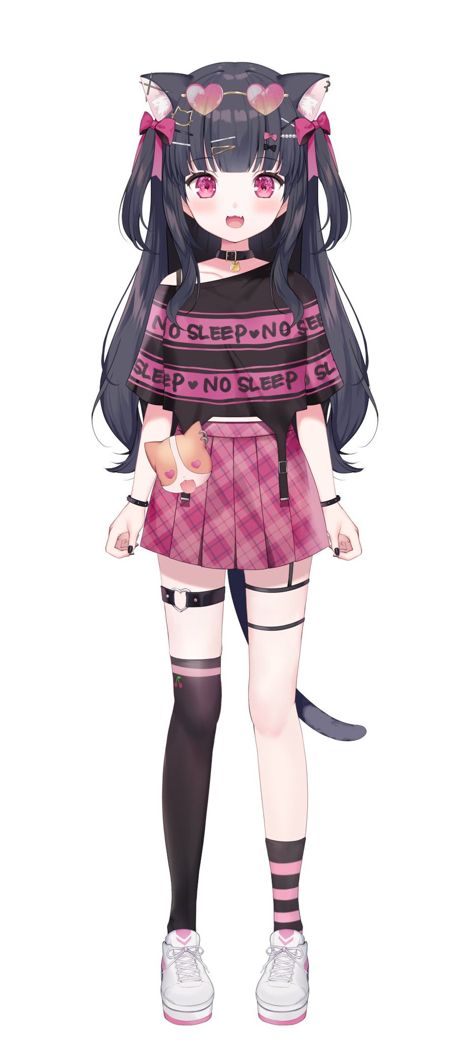 asymmetrical legwear, black hair, cat ears, cat tail, flat chest, indie virtual youtuber, indie vtuber, mari yume, not porn, pink eyes, safe, skirt, tagme, virtual youtuber