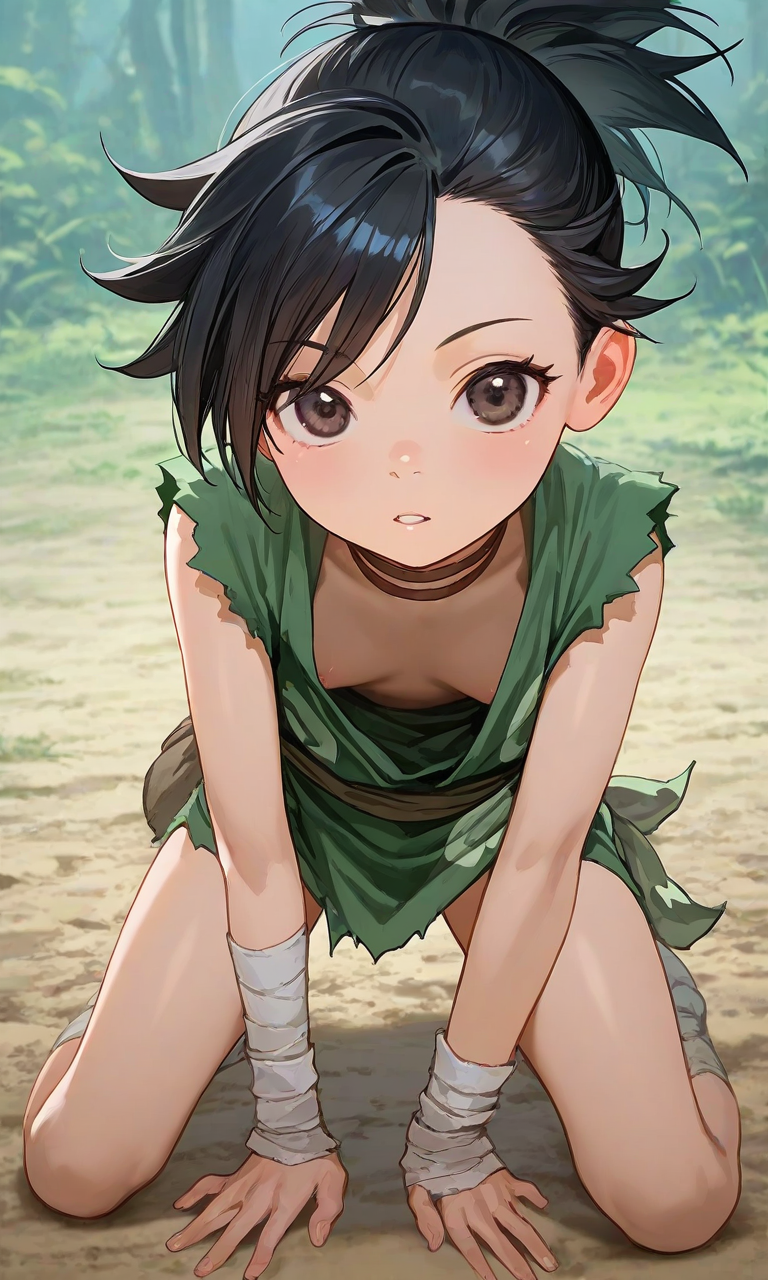 1girls ai_generated andava_(style) bandaged_ankle bandaged_ankles bandaged_wrists black_hair brown_eyes dororo_(character) dororo_(tezuka) downblouse forest green_clothing japanese_clothes kneeling kosine1777 necklace nipple_peek no_bra outdoors small_breasts smaller_female solo top_knot trees