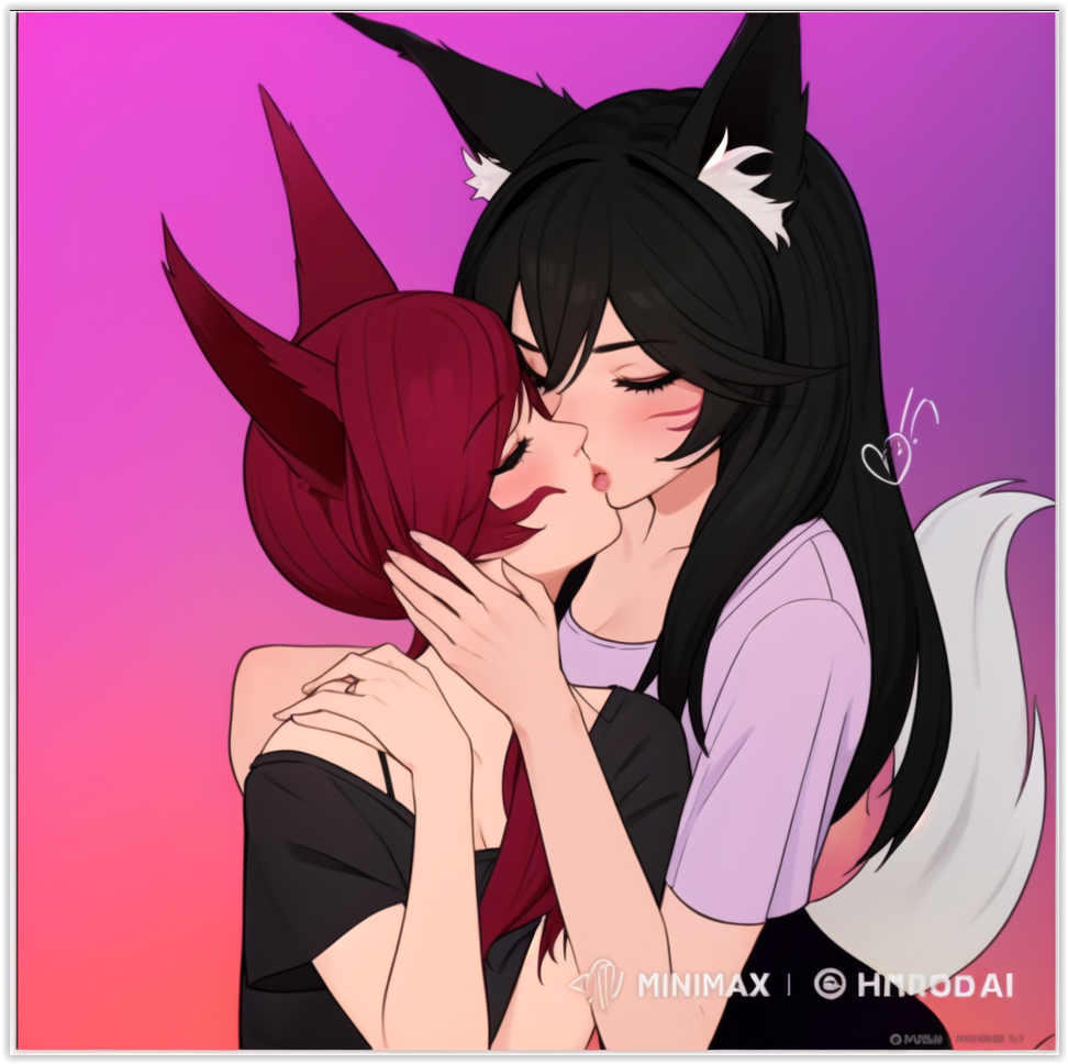 2girls ahri ai_generated flirting girl_on_girl kissing league_of_legends lesbian_couple lesbian_kiss lovers vastaya xayah yuri