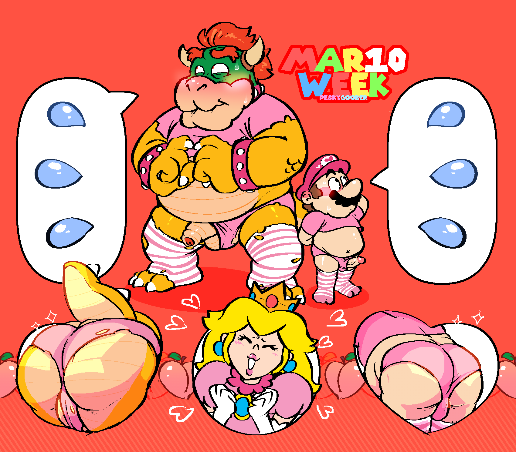 1girls 2boys anthro arms_behind_back armwear ass balls belly blonde_hair blush booty_shorts bowser brown_hair claws closed_eyes clothing crown embarrassed facial_hair fat fat_belly fat_man fruit genitals hat heart horns human koopa larger_male light_skin light_skinned_female light_skinned_male lipstick male mammal mario mario_(series) mature mature_female mature_male naughtybassard nintendo penis penis_out pink_dress pink_hat pink_lipstick pink_shirt pink_shorts princess princess_peach red_background red_hair reptile royalty scalie shirt shorter_male size_difference smaller_male sweat sweating tail torquewintress white_armwear