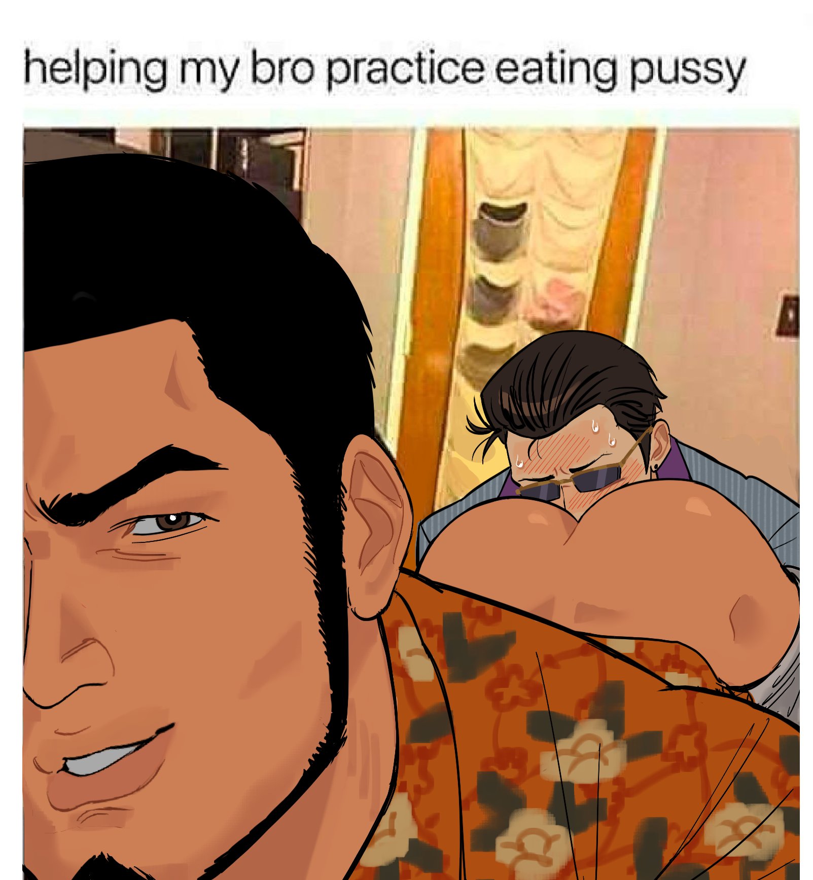 anilingus, ass, bara, big ass, clothed, clothed sex, dokeshin, gay, helping my bro practice eating pussy (meme), judge eyes, kaito masaharu, male, male focus, male only, meme, meme caption, meme reference, sega, suit, sunglasses, sweat, toru higashi, yaoi