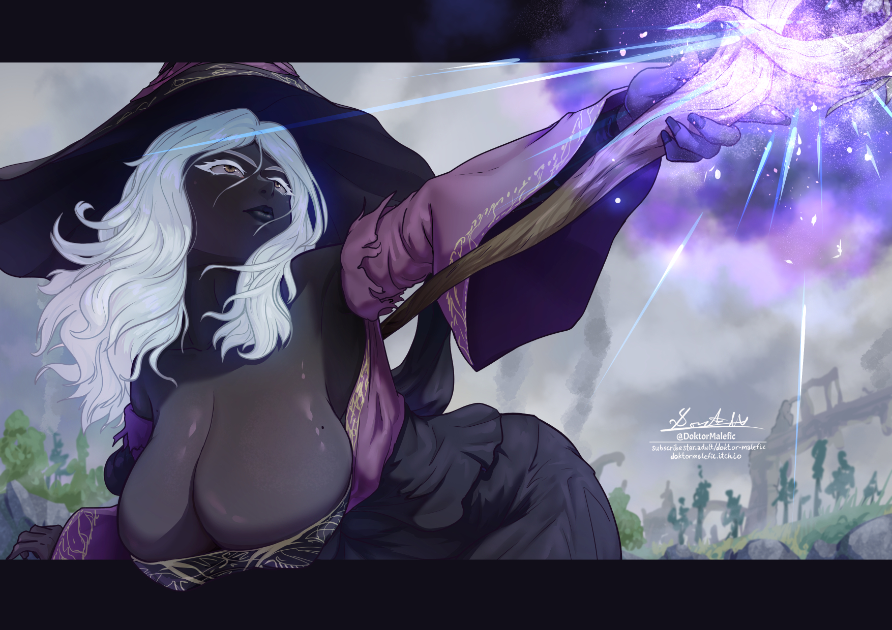 1girls, 2d, 2d (artwork), ass, background, bandai namco, big ass, big breasts, big butt, black lipstick, breasts, breasts bigger than head, brown eyes, color, colored, dark skin, dark-skinned female, doktor malefic, dress, elden ring, elden ring nightreign, female, female focus, female only, fromsoftware, lips, lipstick, long hair, nail polish, nails, recluse (nightreign), white hair, witch, witch hat