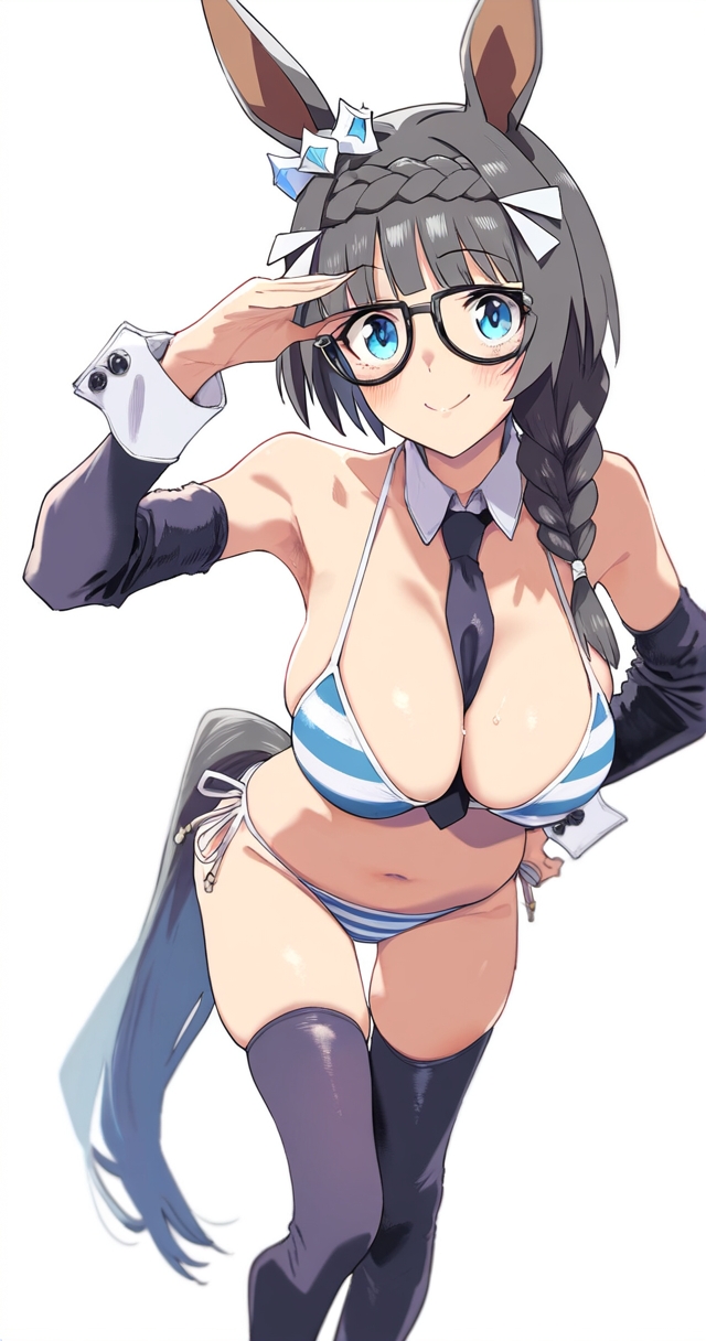 ai_generated animal_ears black_hair blue_eyes braided_hair breasts female glasses hair_ornament horse_girl striped_bikini umamusume umamusume_pretty_derby zenno_rob_roy_(umamusume)