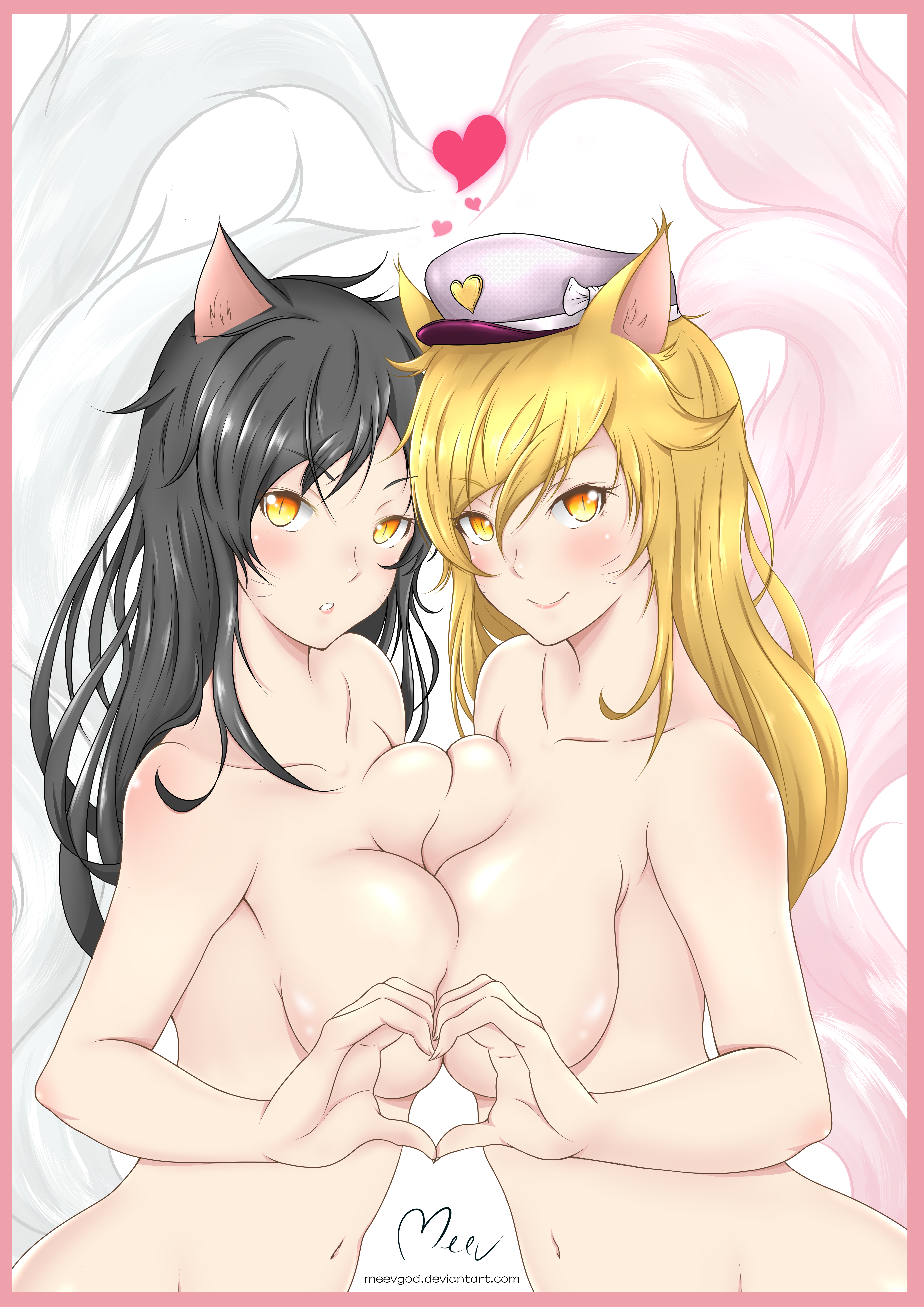 2girls, absurdres, ahri, alternate hair color, animal ears, black hair, blonde hair, breasts, dual persona, facial mark, female, fox ears, fox tail, hat, heart, heart hands, heart hands duo, highres, large breasts, league of legends, looking at viewer, meevgod, multi tail, multiple females, multiple girls, nude, peaked cap, popstar ahri, sideboob, slit pupils, smile, tail, whisker markings, yellow eyes