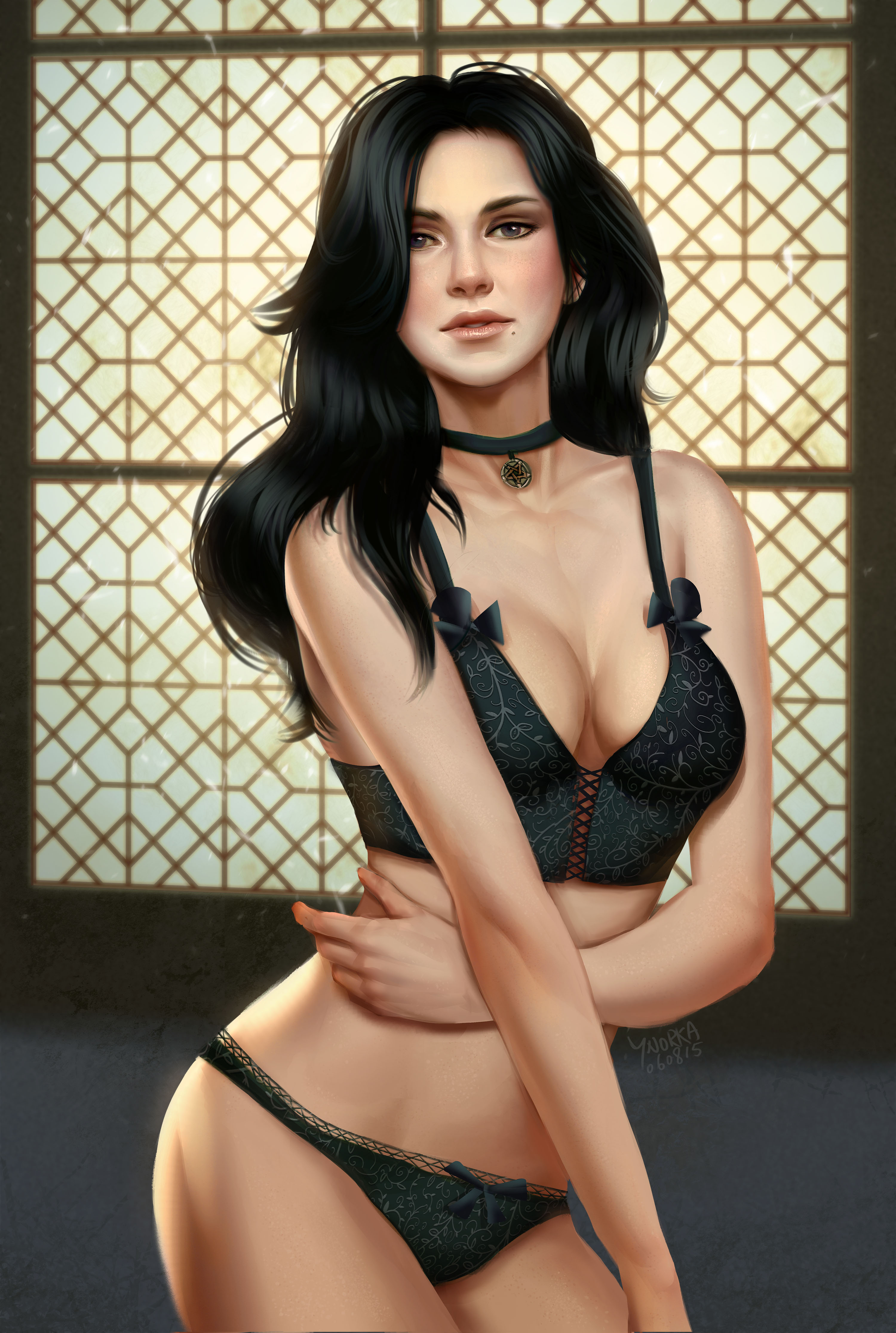 1girls, 2015, backlighting, beauty mark, black choker, black clothing, black hair, black panties, black underwear, cd projekt red, choker, cleavage, clothing, female, female only, front view, human, indoors, lingerie, long hair, looking at viewer, mole, navel, pale skin, panties, parted lips, pendant, pinup, pose, realistic, skimpy, solo, standing, the witcher (series), the witcher 3: wild hunt, underwear, wavy hair, window, yennefer, ynorka