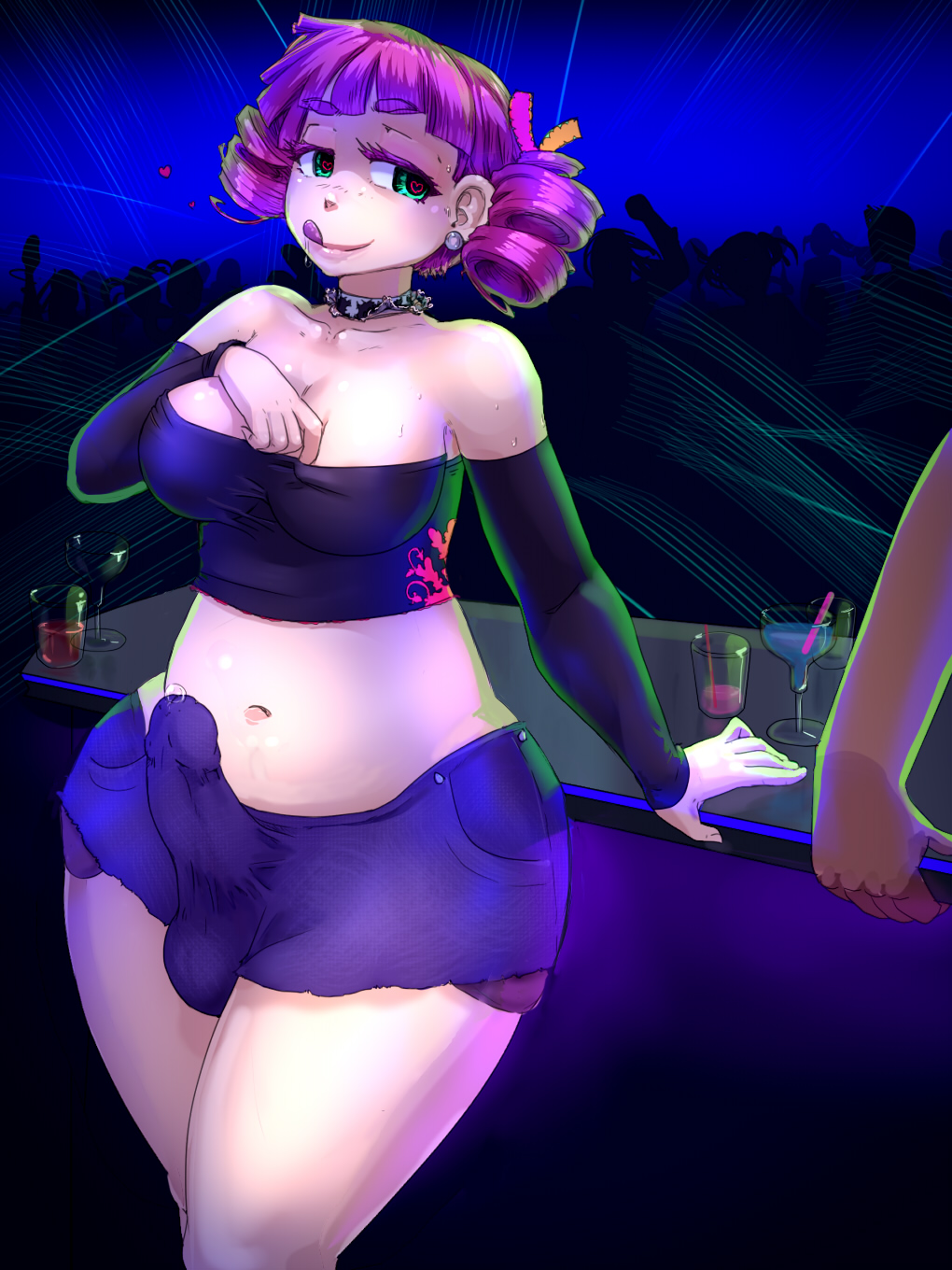 :p, 1boy, 1futa, aqua eyes, ass, balls, balls in panties, bar, bare shoulders, breasts, bulge, choker, cleavage, curvy, drill hair, erection, erection under clothes, futanari, heart, heart-shaped pupils, hourglass figure, huge ass, human, intersex, large breasts, large penis, licking lips, majalis, male, midriff, navel, nightclub, panties, panty bulge, penis, penis in panties, penis under clothes, precum, precum drip, public, purple hair, saliva, shorts, smile, solo focus, standing, sweat, tenting, tied hair, tongue, tongue out, twintails, wide hips
