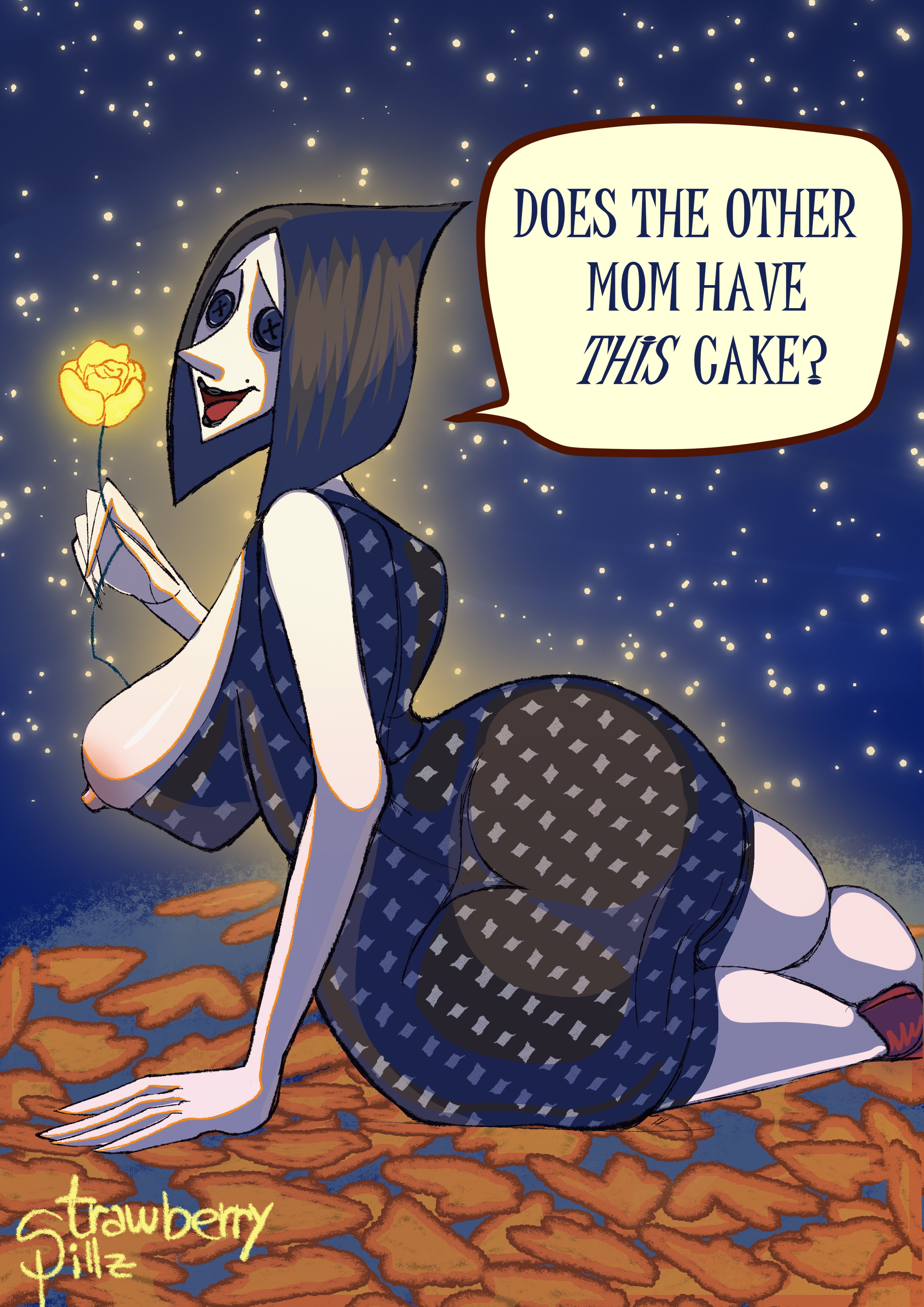 1girls, ass, beldam, big ass, big breasts, big butt, black hair, breasts, button eyes, clothed, clothing, coraline, female, huge breasts, laika studios, light skin, light-skinned female, looking back, mature female, nipple slip, nipples, other mother, rear view, strawberrypillz, voluptuous, voluptuous female, wide hips