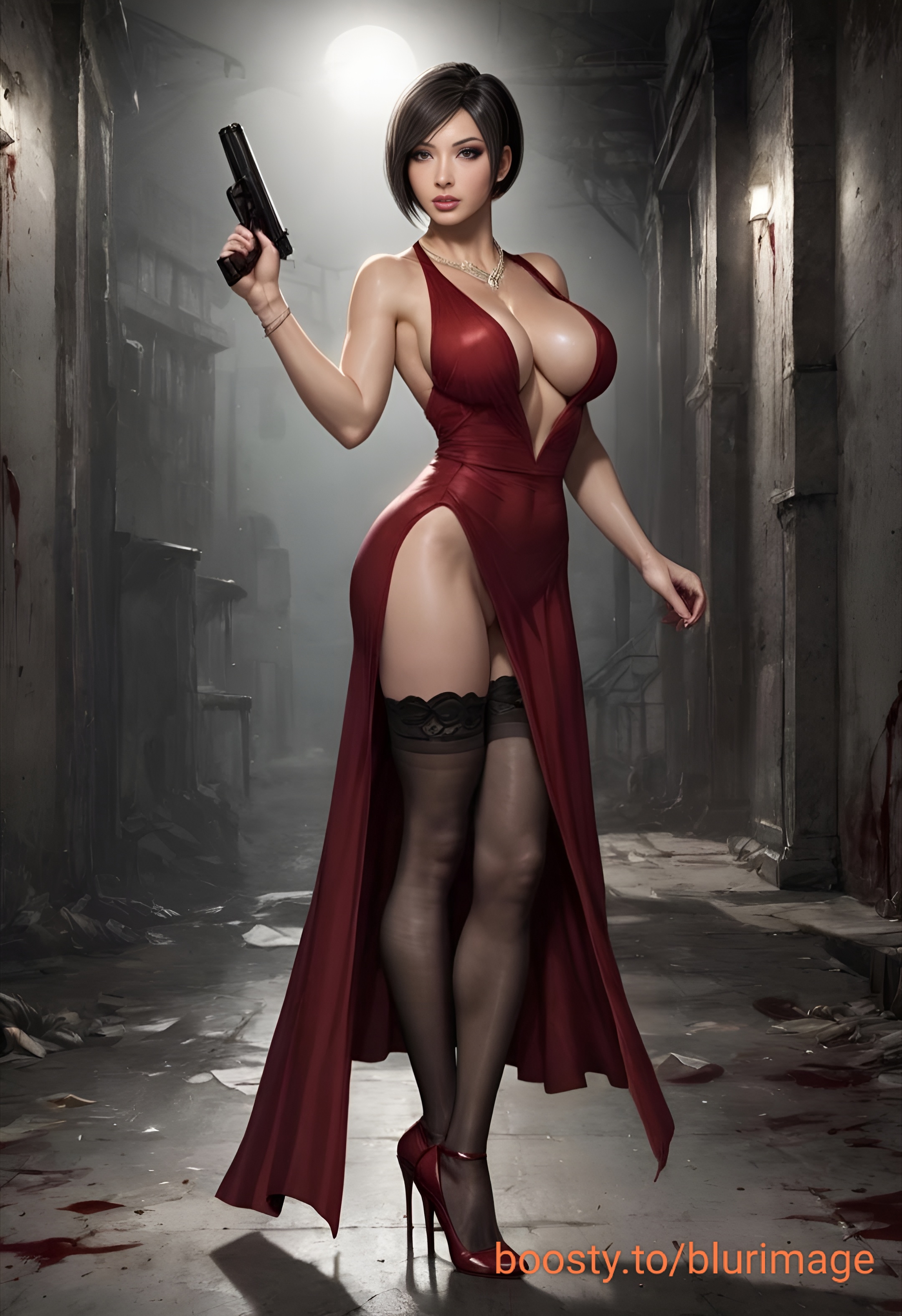 abandoned building, ada wong, ai generated, breasts, female, realistic, resident evil, resident evil 2, resident evil 2 remake, resident evil 4, resident evil 4 remake, tagme