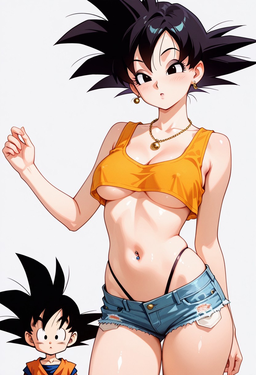 ai_generated crop_top dragon_ball female_goku goku rule_63 rule_63 shorts son_goku son_goten thong_straps underboob