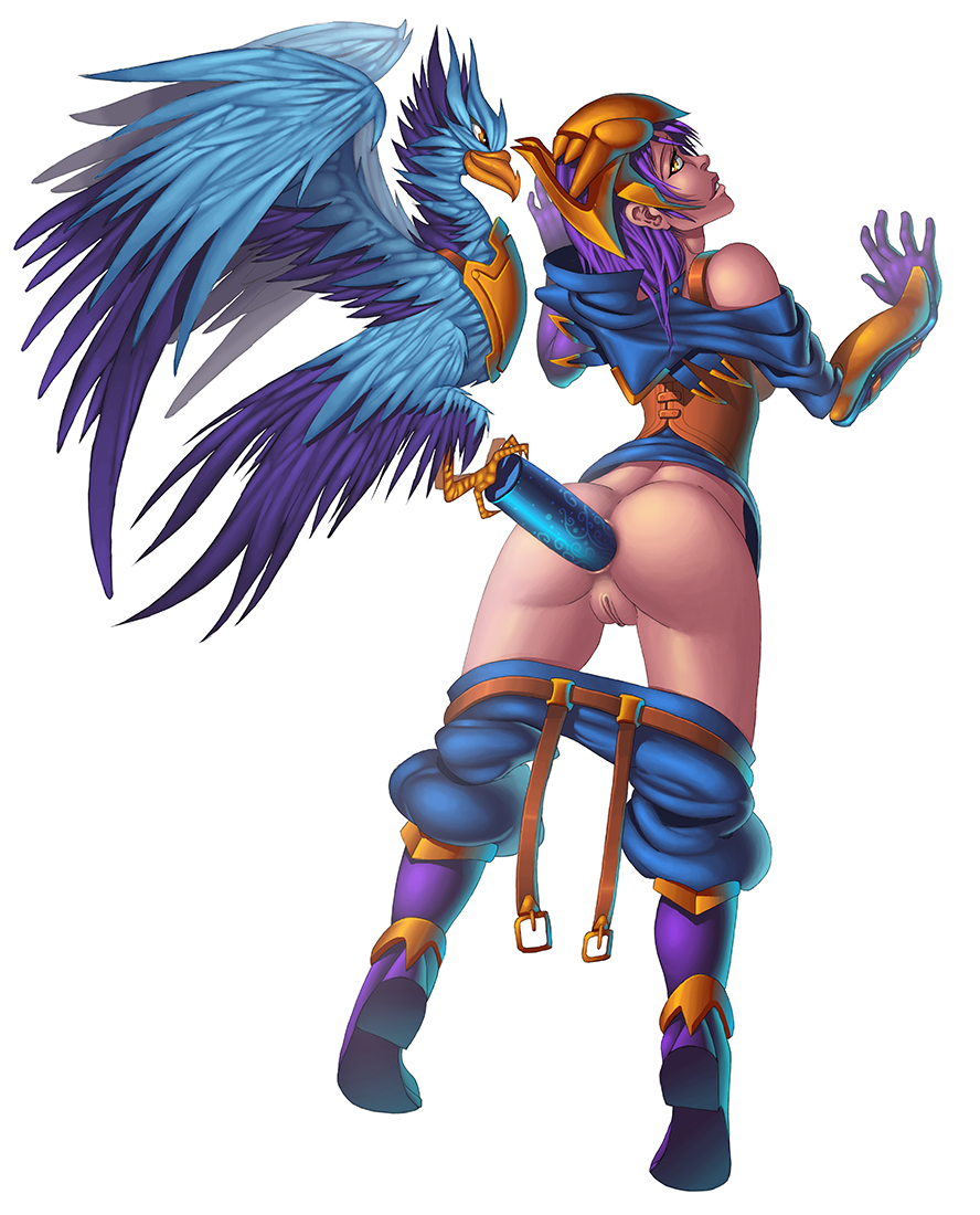 anal demimond23 dildo dildo_in_ass dildo_insertion female from_behind_position gloves league_of_legends purple_hair quinn standing_sex tiptoes valor_(league_of_legends)