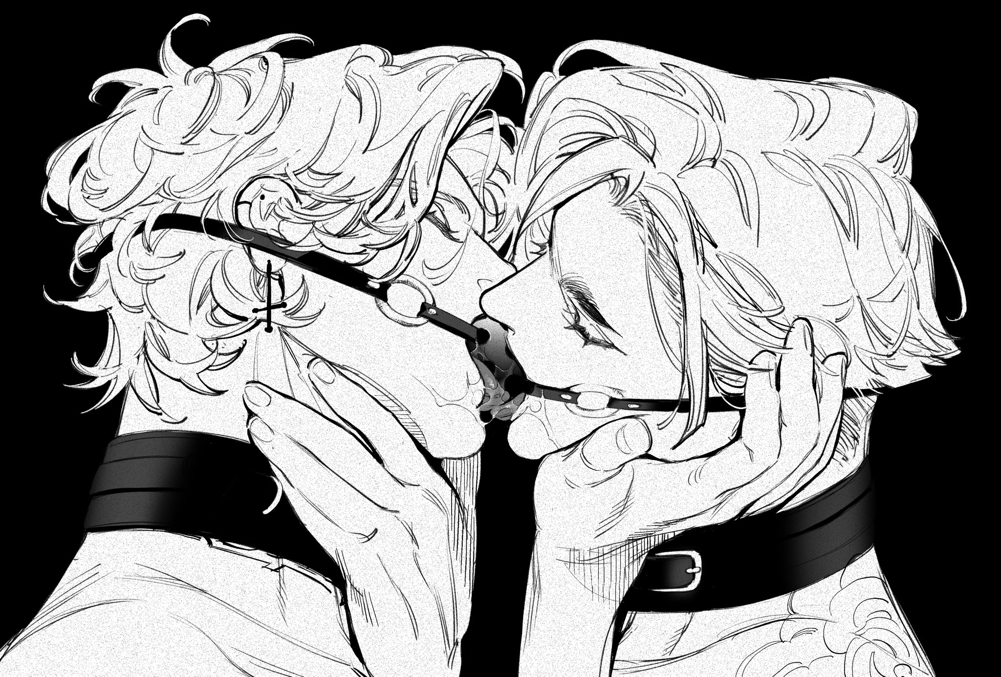 2boys, black and white, closed eyes, collar, cross earrings, ear piercing, face closeup, french kissing, gag, gagged together, gay, hand on face, kaito (trangtora), kissing, male, male only, male/male, original, original characters, saliva, shalem (trangtora), tattoo, tongue, tongue kiss, trangtora, x-ray, yaoi