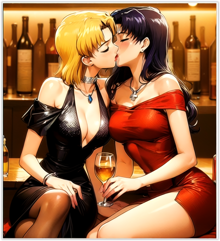 2girls 2milfs 2women ai_generated flirting girl_on_girl girlfriend kissing lesbian_couple lesbian_kiss lovers misato_katsuragi neon_genesis_evangelion neopn_genesis_evangelion ritsuko_akagi yuri yuri yuri