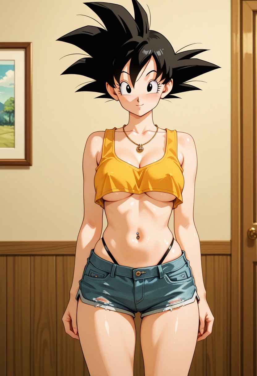 ai_generated crop_top dragon_ball female_goku genderswap_(mtf) goku rule_63 shorts solo_female son_goku thong_straps underboob