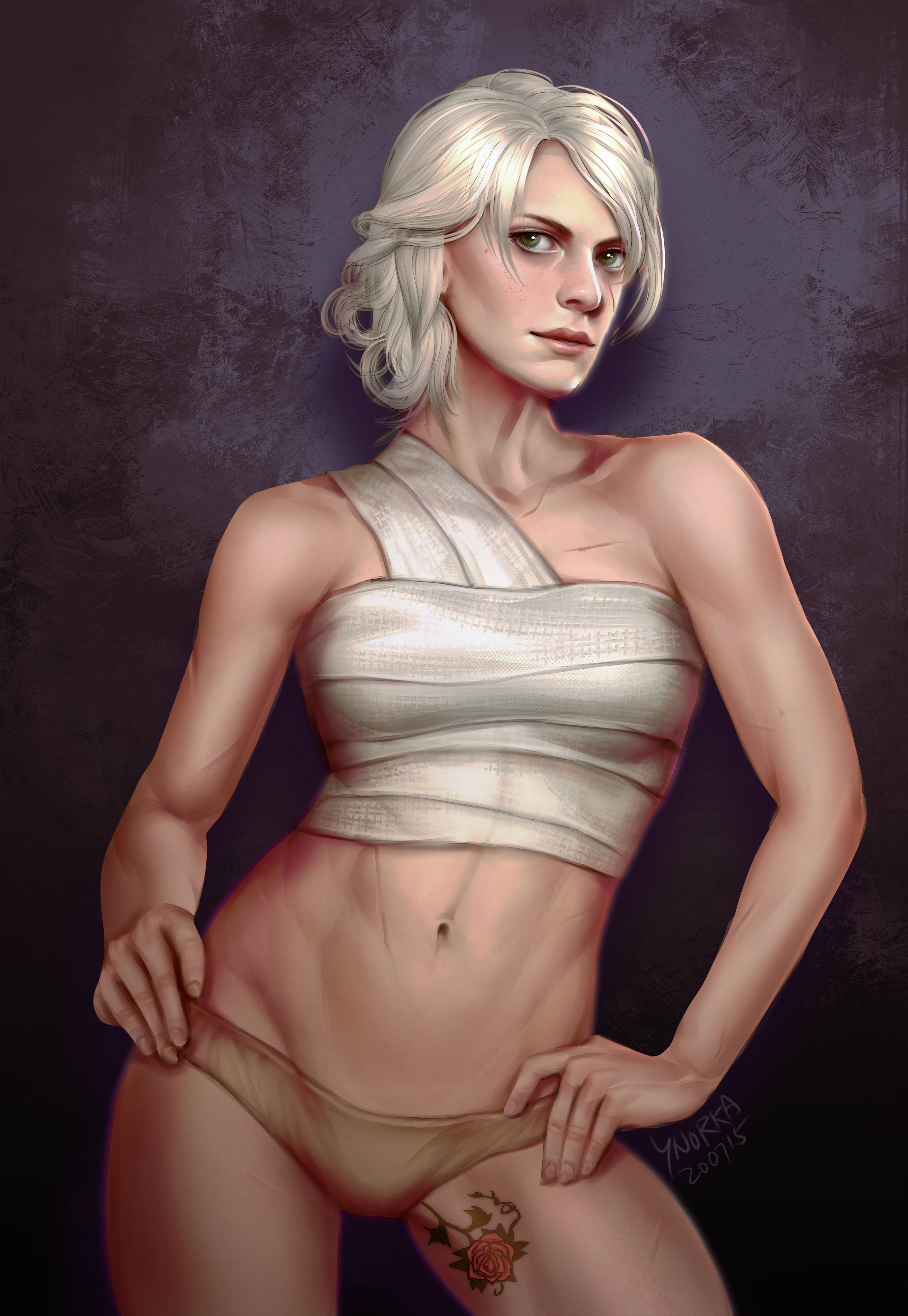 1girls, 2015, abs, bandages, cd projekt red, ciri, facial scar, female, female only, green eyes, highres, light skin, light-skinned female, navel, panties, scar, short hair, solo, solo female, standing, tattoo, the witcher (series), the witcher 3: wild hunt, white hair, ynorka