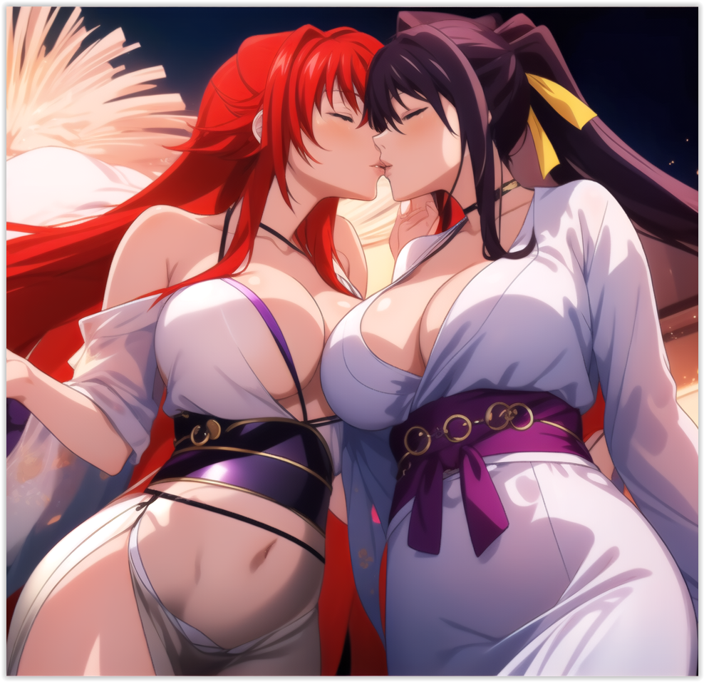 2girls ai_generated akeno_himejima big_breasts flirting girl_on_girl high_school_dxd kissing lesbian_couple lesbian_kiss lesbian_sex lovers rias_gremory yuri