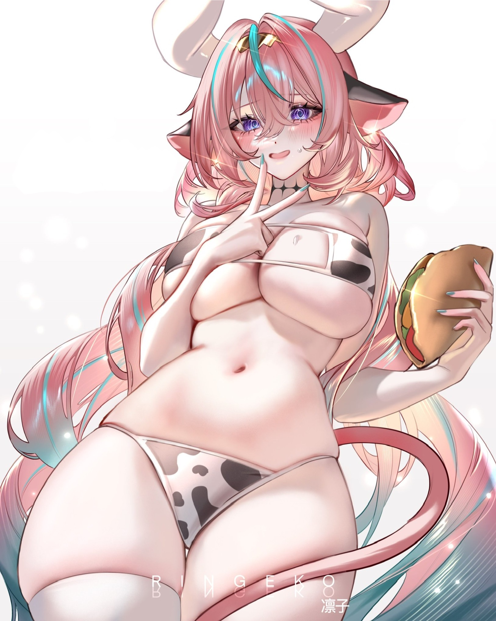 bikini, bikini bottom, bikini top, cow bikini, cow girl, cow horns, cow print, cow tail, female, female only, genshin impact, horn, horns, hoyoverse, ringeko chan, underwear, varesa (genshin impact)