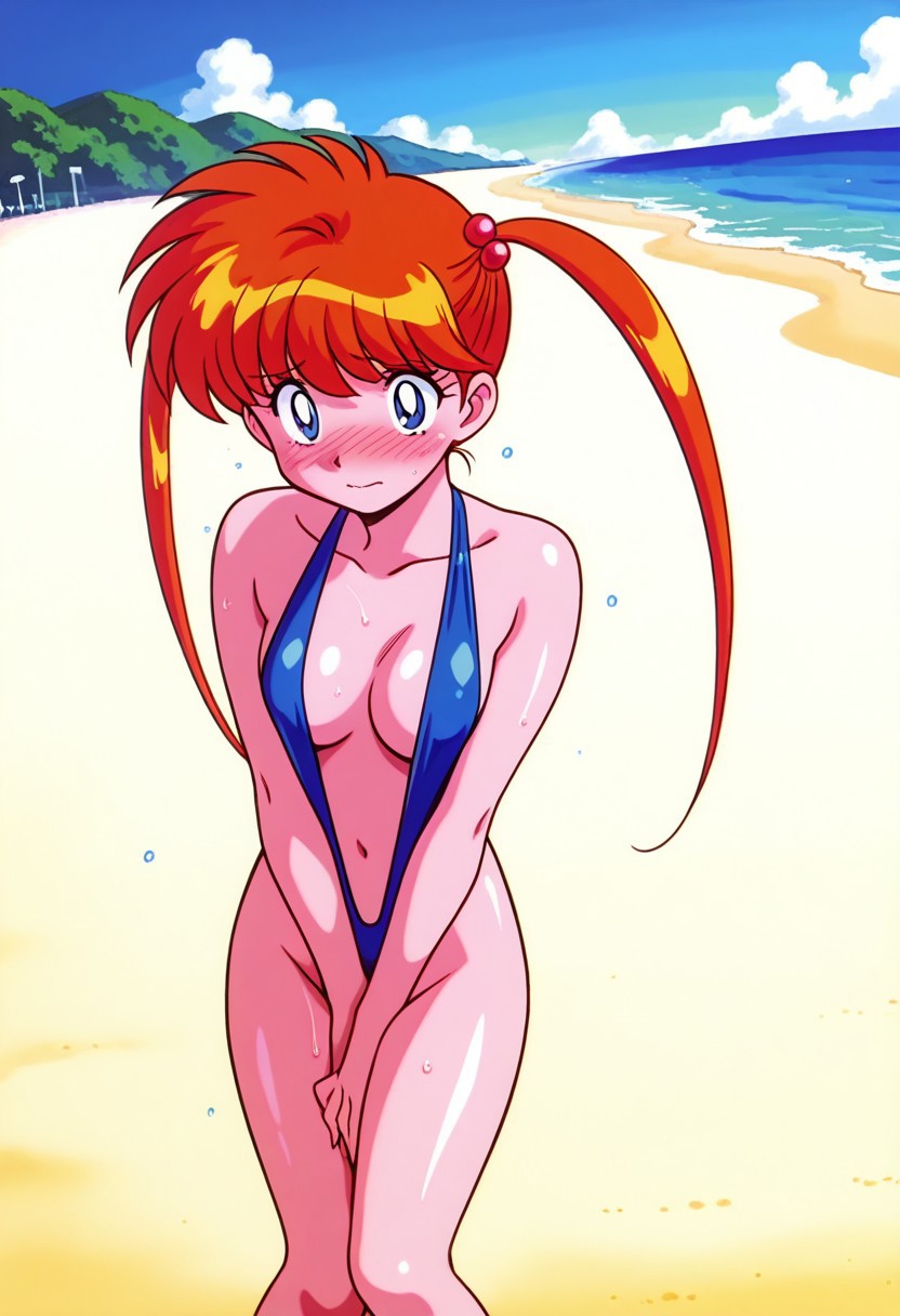 beach bikini blue_eyes blue_one-piece_swimsuit blue_sky blush breasts clavicle cleavage clothing cloud covering covering_crotch day embarrassed female female_only groin hair_bobbles hair_ornament inaba_kyouko jigoku_sensei_nube kyoko_inaba large_breasts long_hair looking_at_viewer medium_breasts navel ocean one-piece_swimsuit orange_hair outdoors ponytail red_hair sand shounen_jump sky solo sweat swimsuit thighs tied_hair twintails v_arms water wet