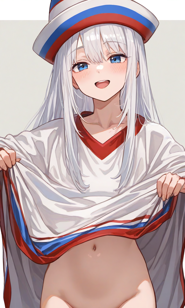 1girls ai_generated andava_(style) blue_eyes bottomless clothes_lift hakata-san hat implied_bottomless kosine1777 naked_poncho no_panties original out-of-frame_censoring poncho sailor_hat white_hair