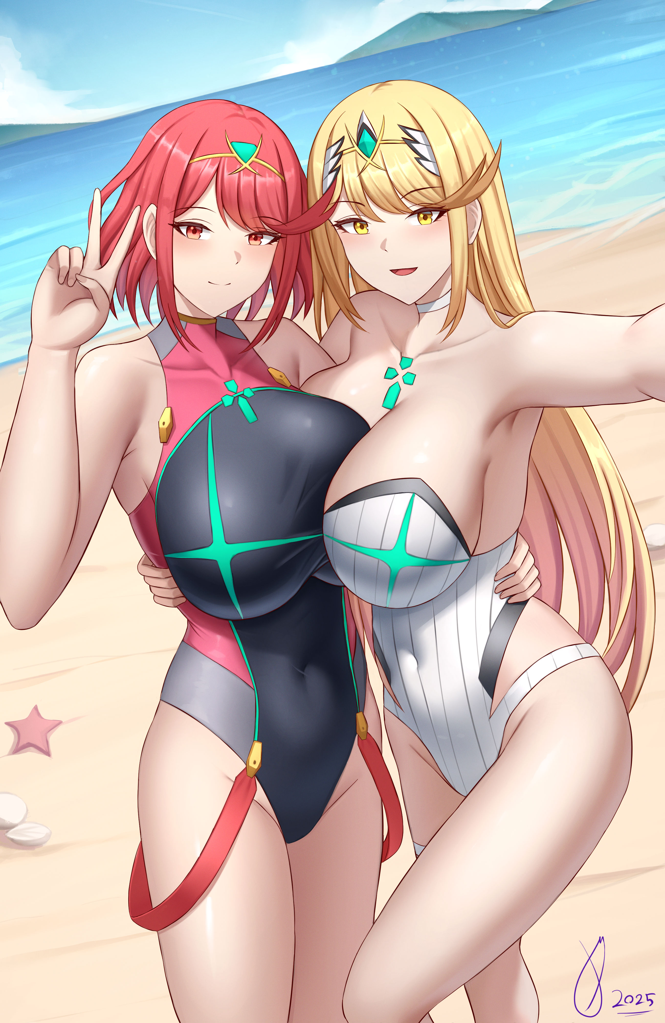 2girls, absurd res, alluring, beach, big breasts, black one-piece bikini, blonde hair, breast press, breasts, cleavage, cloud, core crystal, day, dutch angle, female, female focus, ghonky, high res, looking at viewer, matching hair/eyes, multiple females, multiple girls, mythra, nintendo, ocean, one-piece bikini, outside, peace sign, pyra, red eyes, red hair, sand, selfpic, sky, smile, standing, starfish, swimsuit, white one-piece bikini, xenoblade (series), xenoblade chronicles 2, yellow eyes