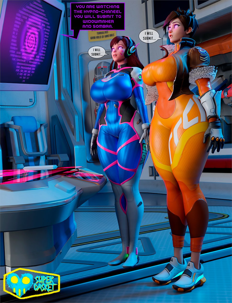 2 bodysuits, 2girls, 3d, activision, alternate breast size, ass, big ass, big breasts, big thighs, blizzard entertainment, bodysuit, brainwashing, breasts, breasts bigger than head, bust, busty, curvaceous, curvy, curvy figure, d.va, female, hacking, hana song, hips, hourglass figure, huge ass, huge breasts, hypnosis, hypnotized, large ass, large breasts, lena oxton, light skin, light-skinned female, mature, mature female, mind control, multiple females, multiple girls, overwatch, overwatch 2, scrag boy (model), scrag d.va, scrag tracer, slim waist, supercasket, television, thick, thick hips, thick legs, thick thighs, thighs, tracer, tracer (overwatch 2 suit), tv, voluptuous, waist, wide hips, wide thighs
