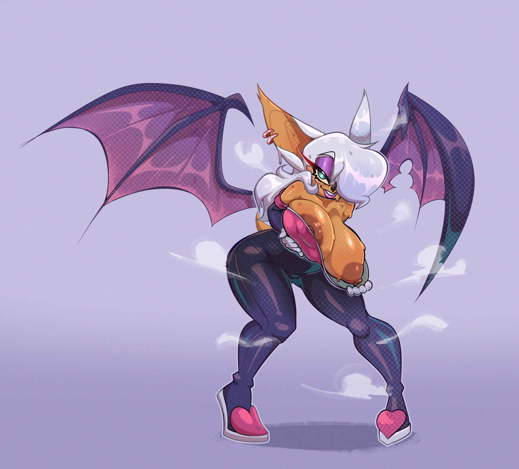 anthro, armwear, bat, big breasts, bigdad, bodysuit, breasts, clothed, clothing, elbow gloves, eyeshadow, female, flashing, flashing breasts, fur, gloves, handwear, hi res, lipstick, makeup, mammal, nipples, pink nipples, rouge the bat, sega, skinsuit, solo, sonic (series), sonic the hedgehog (series), stormrayneart, tan body, tight clothing, topless, topless female, white body, white fur