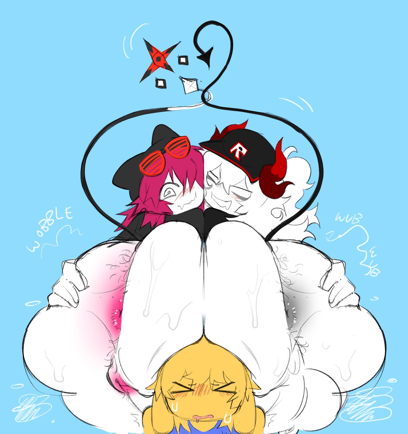 1girls, 2boys, anus, ass, ass focus, ass grab, balls, blue background, blush, bottomless, cute, female, femboy, guest (roblox), horns, long hair, male, multiple males, noob, original character, original characters, pink hair, pussy, roblox, robloxian, sh 4rk, showing off, showing off ass, sleepyzoroark, tail, white hair, white skin, yellow body, yellow hair