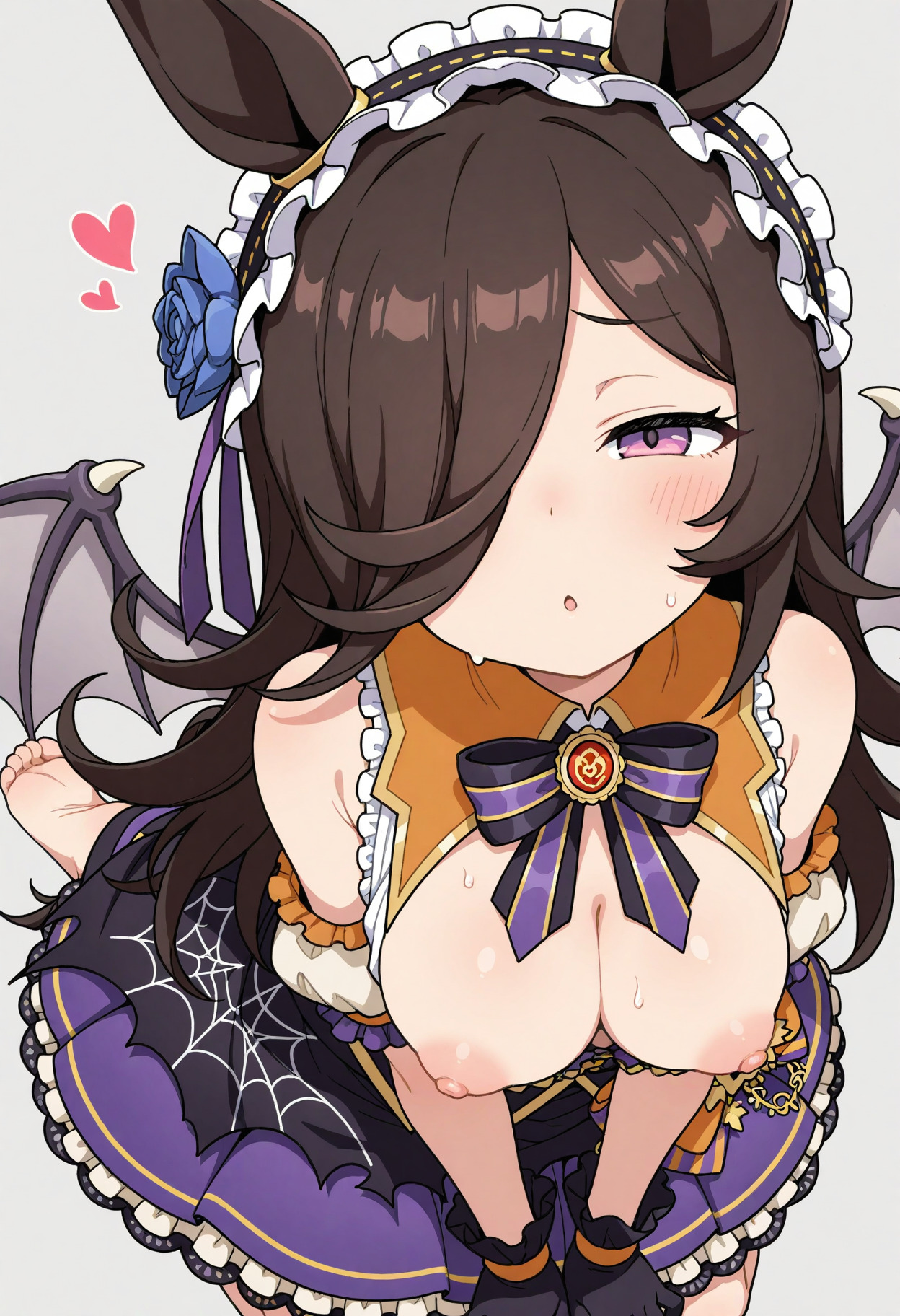 ai generated, animal ears, black hair, female, hair covering eye, hat, horse girl, nipples, purple eyes, rice shower (umamusume), umamusume, umamusume pretty derby, unknown artist