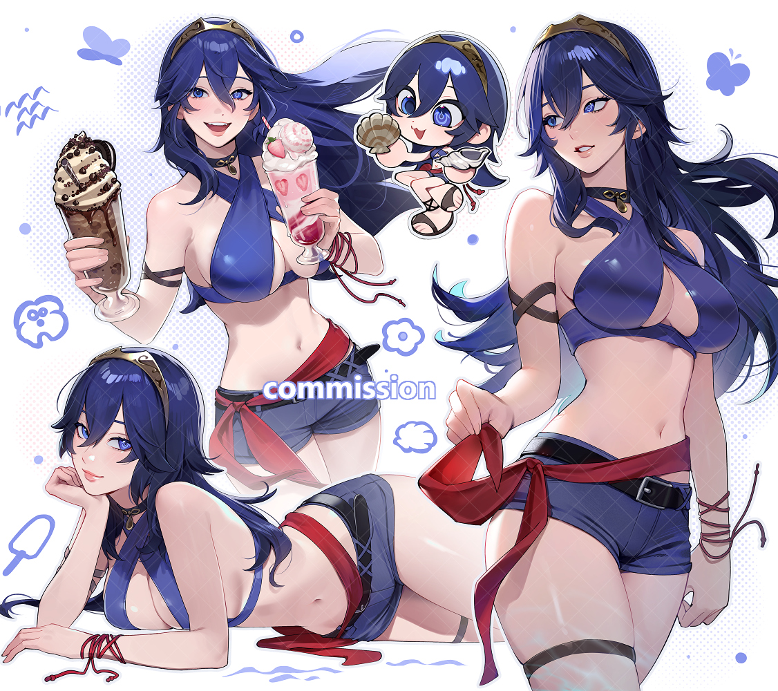 :3, 1girls, alternate costume, belt, belt buckle, bikini, black belt, blue bikini, blue eyes, blue hair, blue shorts, breasts, buckle, chibi, commentary, commission, english commentary, female, fire emblem, fire emblem awakening, floating hair, grin, hair between eyes, head rest, holding, holding seashell, large breasts, lavelis, lips, long blue hair, long hair, looking at viewer, lucina (fire emblem), medium breasts, navel, nintendo, pink lips, sandals, seashell, second-party source, shell, short shorts, shorts, skindentation, smile, stomach, swimsuit, thick thighs, thighs, tiara, white background