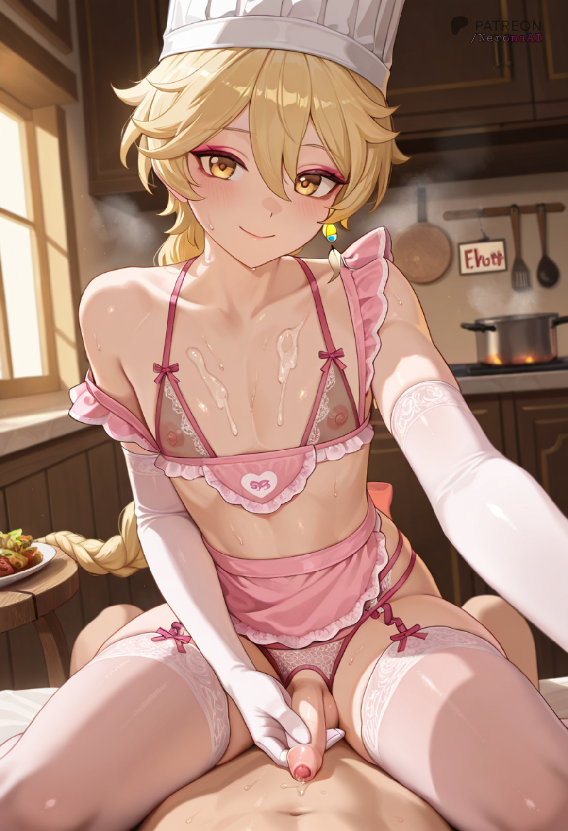 aether (genshin impact), ai, ai assisted, ai generated, anal, anal sex, blonde hair, bra, braided hair, cowgirl position, crossdressing, cum, cum on body, cum on upper body, elbow gloves, femboy, flat chest, garter belt, garter straps, gay, gay male, gay sex, genshin impact, lingerie, lipstick, looking at viewer, makeup, male, masturbation, neronaai, otoko no ko, sex, sitting on lap, sitting on person, smile, sweat, thighhighs, thighs, yaoi, yellow eyes