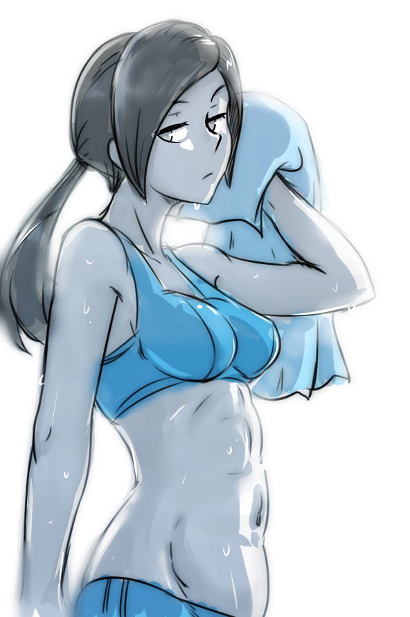 1girls, abs, akairiot, black hair, bra, casual, clothing, curvaceous, female, female only, fit, long hair, midriff, navel, nintendo, pale skin, ponytail, solo, standing, sweat, tied hair, towel, white background, white skin, wii fit, wii fit trainer, wii fit trainer (female)