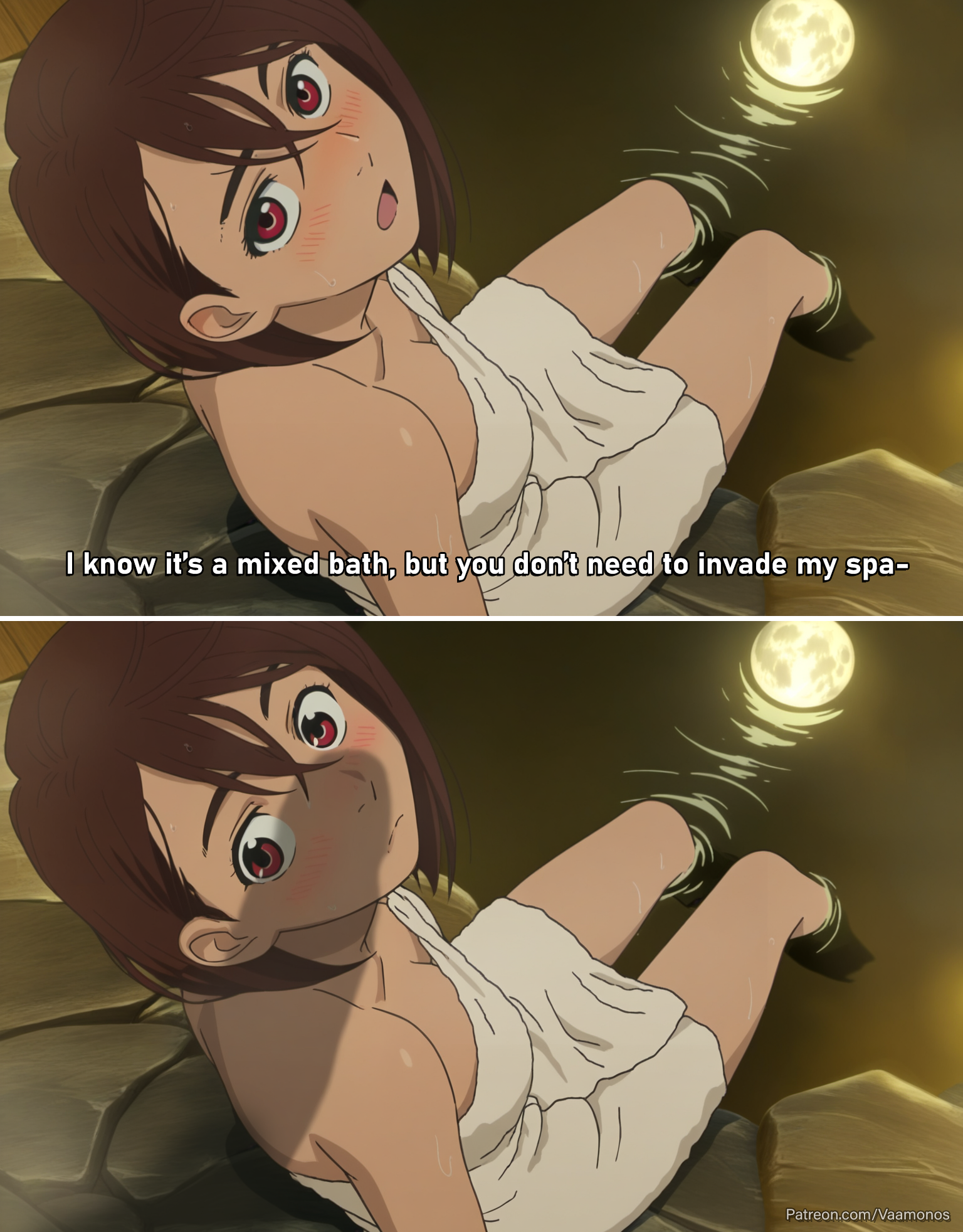 1boy, 1girls, ayase momo, brown hair, brown-haired female, dandadan, female, male, older male, older male and younger female, older penetrating younger, onsen, short hair, the gators, towel, towel only, water