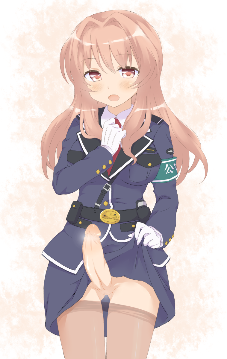 1futa :o armband belt blush brown_eyes brown_hair futa_only futa_sans_balls futanari gloves highres intersex koumi_haruka long_hair misfit_funny pantyhose pantyhose_pull penis pussy rail_wars! skirt skirt_lift solo standing uniform