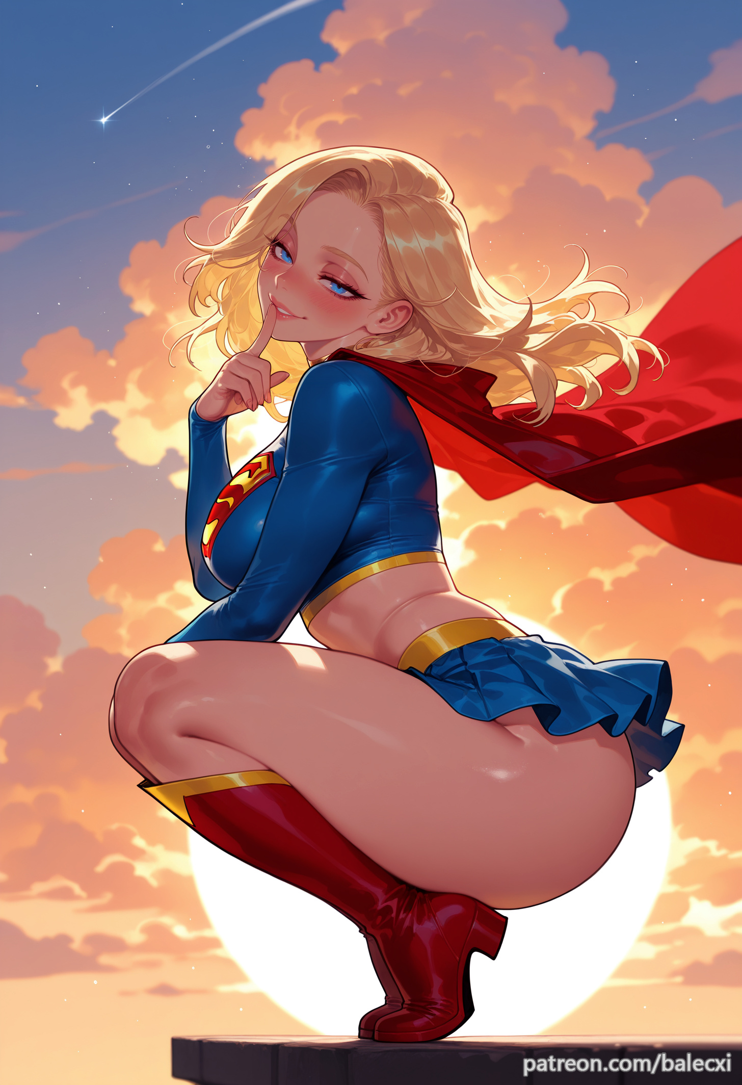 ai generated, balecxi, blonde hair, blue eyes, blue skirt, boots, breasts, cloud, crop top, dc, dc comics, female, finger to mouth, kara zor-el, large breasts, long hair, long sleeves, looking at viewer, red cape, red footwear, shooting star, sky, smile, solo, squatting, supergirl, supergirl (series), superhero, superman (series), thighs