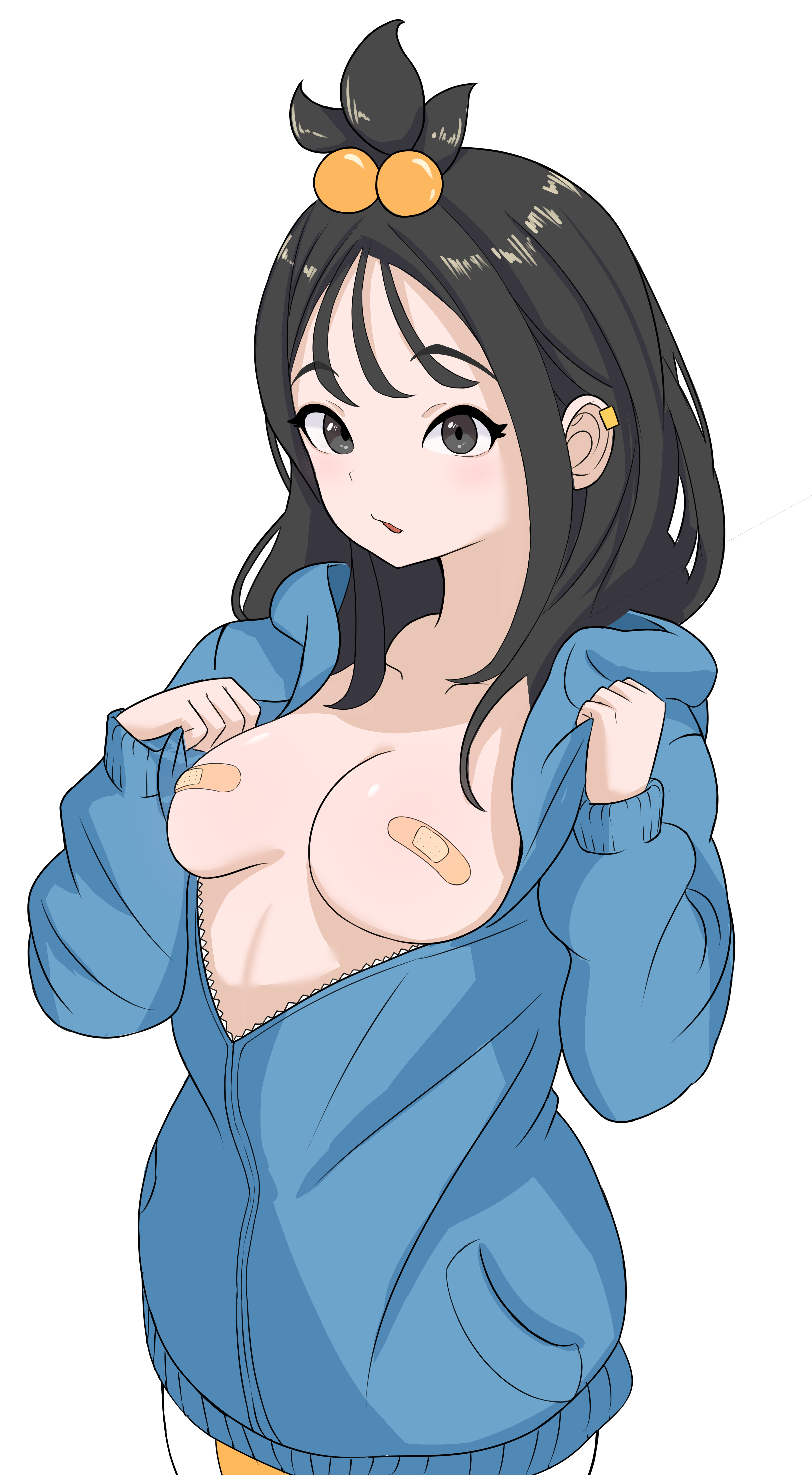 1girls, bandaid, bandaids on nipples, black eyes, black hair, breasts, breasts out, covered nipples, duro (pokemon), ear piercing, female, female focus, female only, game freak, lida (pokemon), light skin, long hair, looking at viewer, medium breasts, nintendo, no bra, open mouth, partially clothed, pokemon, pokemon legends: z-a, ryu zu, simple background, solo, solo female, solo focus, white background