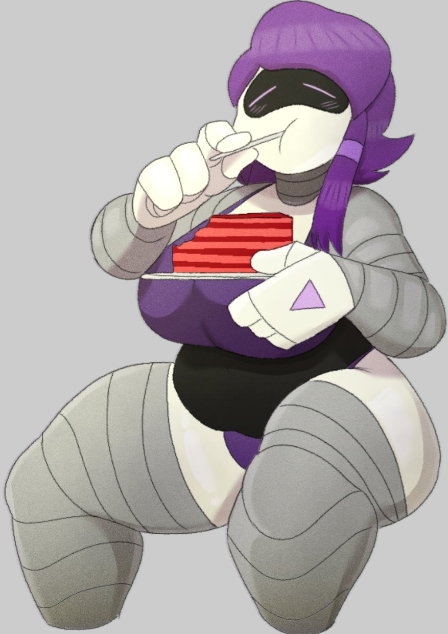 abrahamslapper, cake, chubby female, eating, female, female only, glitch productions, murder drones, nori (murder drones), pleasure face, purple hair, robot, robot girl, white body, worker drone