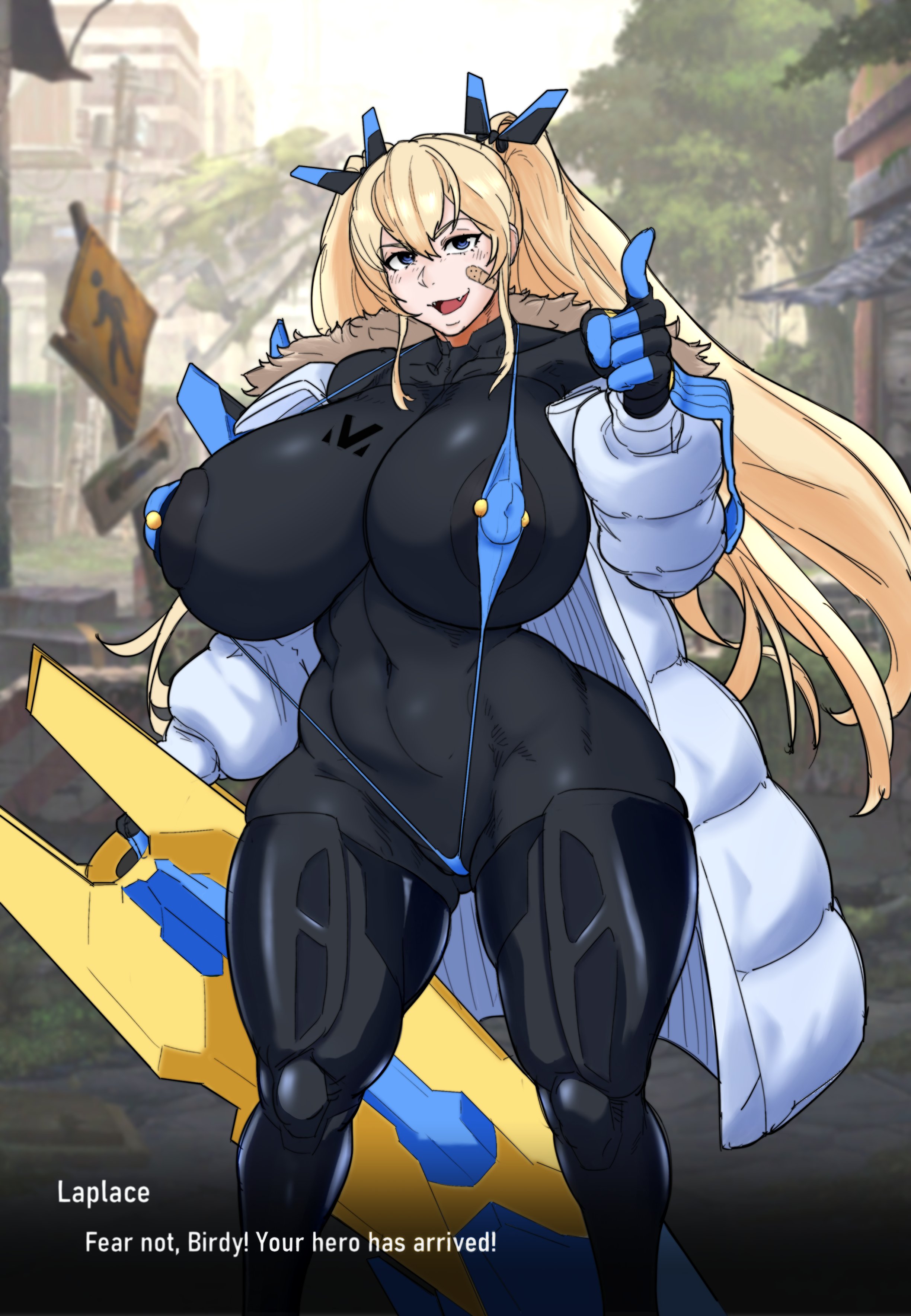 1girls, areolae, blonde hair, breasts, female, goddess of victory: nikke, huge breasts, laplace (nikke), looking at viewer, monochrome, nipple piercing, nipples, outdoors, piercing, ritax, sling bikini, sling swimsuit, slingshot bikini, slingshot swimsuit, smile, supersolenoid, tagme, thick thighs