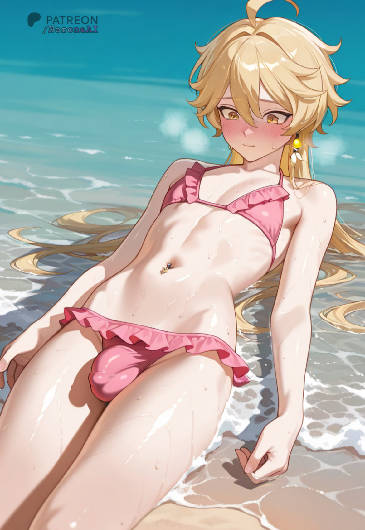 aether (genshin impact), ai, ai assisted, ai generated, beach, bikini, blonde hair, blush, bulge, femboy, frilly clothing, gay, genshin impact, lying, lying on back, male, neronaai, otoko no ko, penis, shy, wet, yaoi, yellow eyes