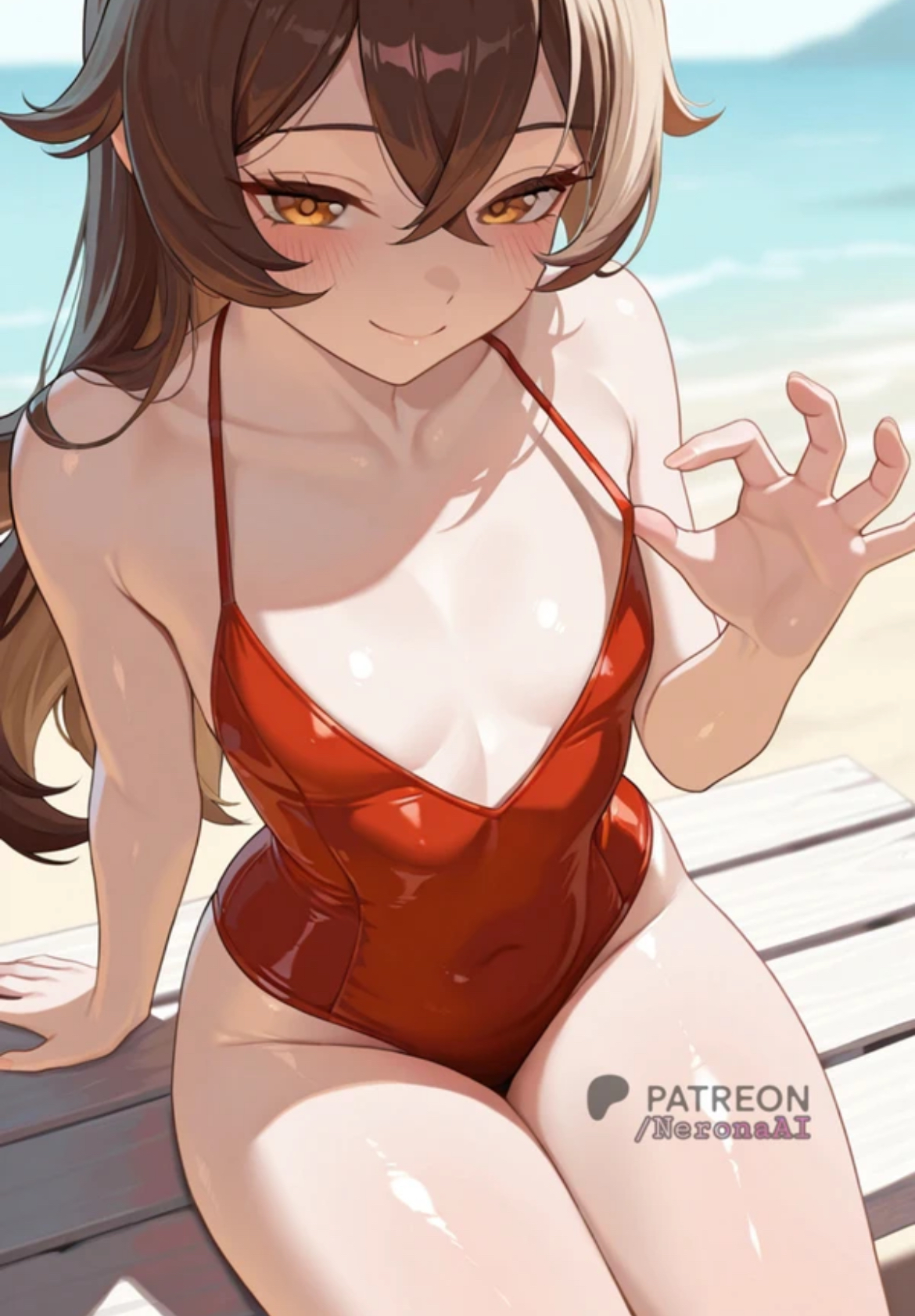ai, ai assisted, ai generated, amber (genshin impact), blush, brown hair, female, flat chest, genshin impact, looking back, neronaai, seductive, seductive look, smile, smiling, strap pull, swimsuit, thick thighs, thighs