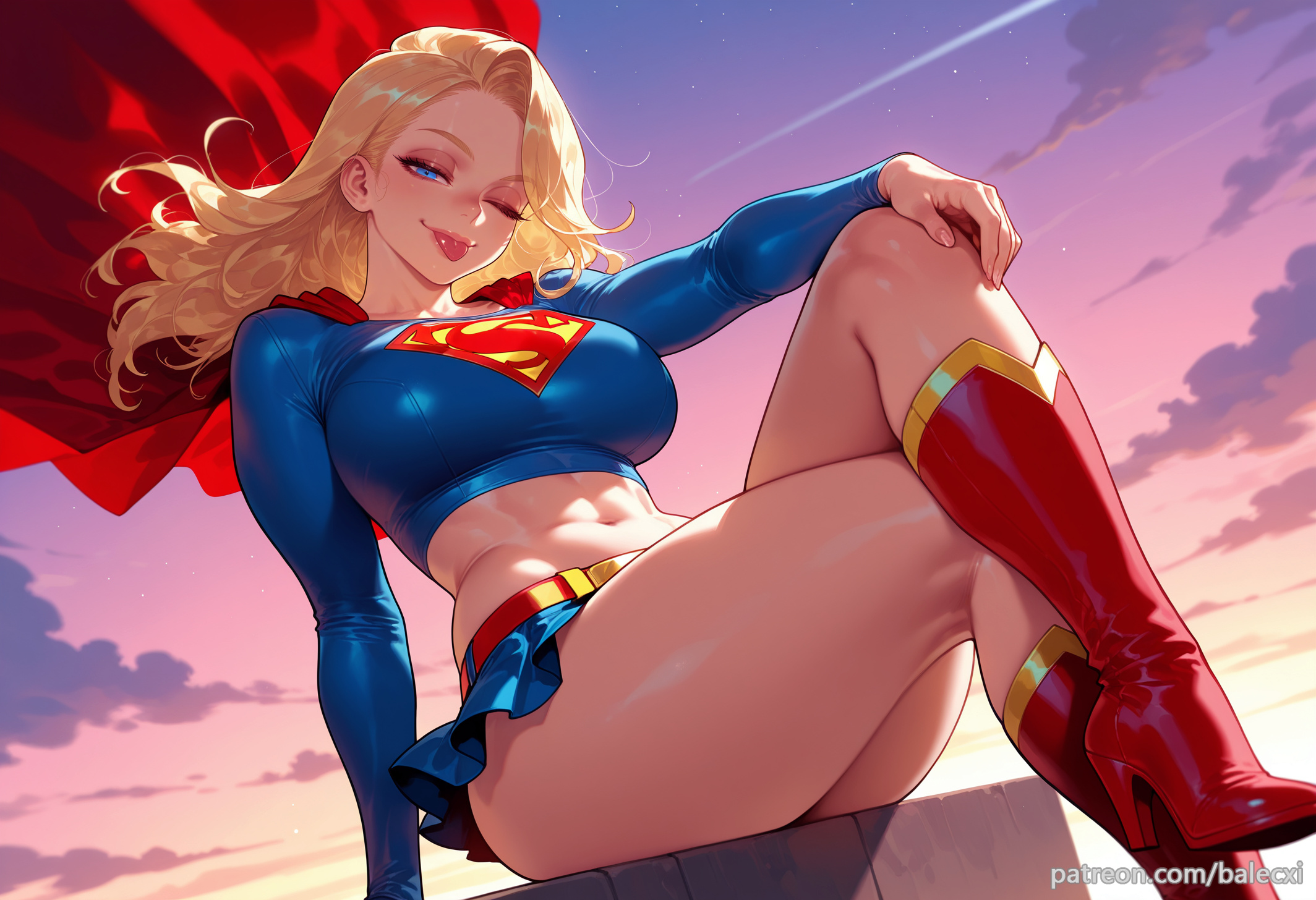 ai generated, balecxi, belt, blonde hair, blue eyes, blue skirt, boots, breasts, cloud, crop top, crossed legs, dc, dc comics, female, kara zor-el, large breasts, long hair, long sleeves, looking at viewer, midriff, miniskirt, navel, one eye closed, red cape, red footwear, sitting, sky, solo, supergirl, supergirl (series), superman (series), thighs, tongue, tongue out