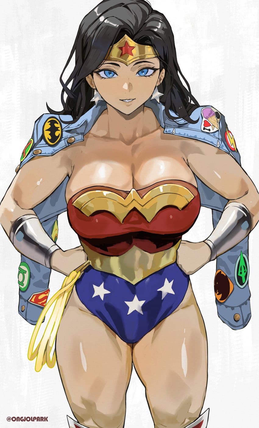 1girls, 2d, absurdres, amazon, aquaman (series), armwear, bare shoulders, batman (series), batman symbol, big breasts, black hair, blue clothing, blue eyes, blue jacket, boots, breasts, cleavage, collarbone, color, dc, dc comics, denim, denim jacket, earrings, eyelashes, eyes, female, female only, food, front view, green arrow, green lantern, hands on hips, hands on own hips, hawkman, headgear, highres, ice cream, jacket, jacket on shoulders, jewelry, large breasts, lasso, lasso of truth, leotard, long hair, looking at viewer, martian manhunter, ongjolpark, open clothes, open eyes, open jacket, patch, piercing, pose, red clothing, simple background, solo, standing, star (symbol), star earrings, superhero costume, superman, superman (series), superman logo, teeth, the flash, thighs, tiara, toned, toned female, vambraces, watermark, white background, wonder woman, wonder woman (series)